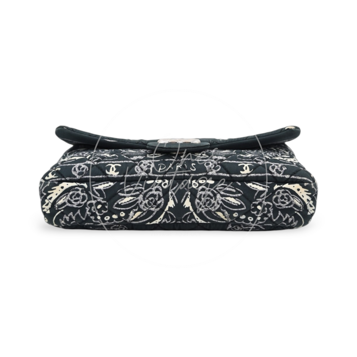 Chanel Small Bandana Single Flap in black quilted cotton with silver-tone hardware, featuring bandana print and central flap clasp, front view