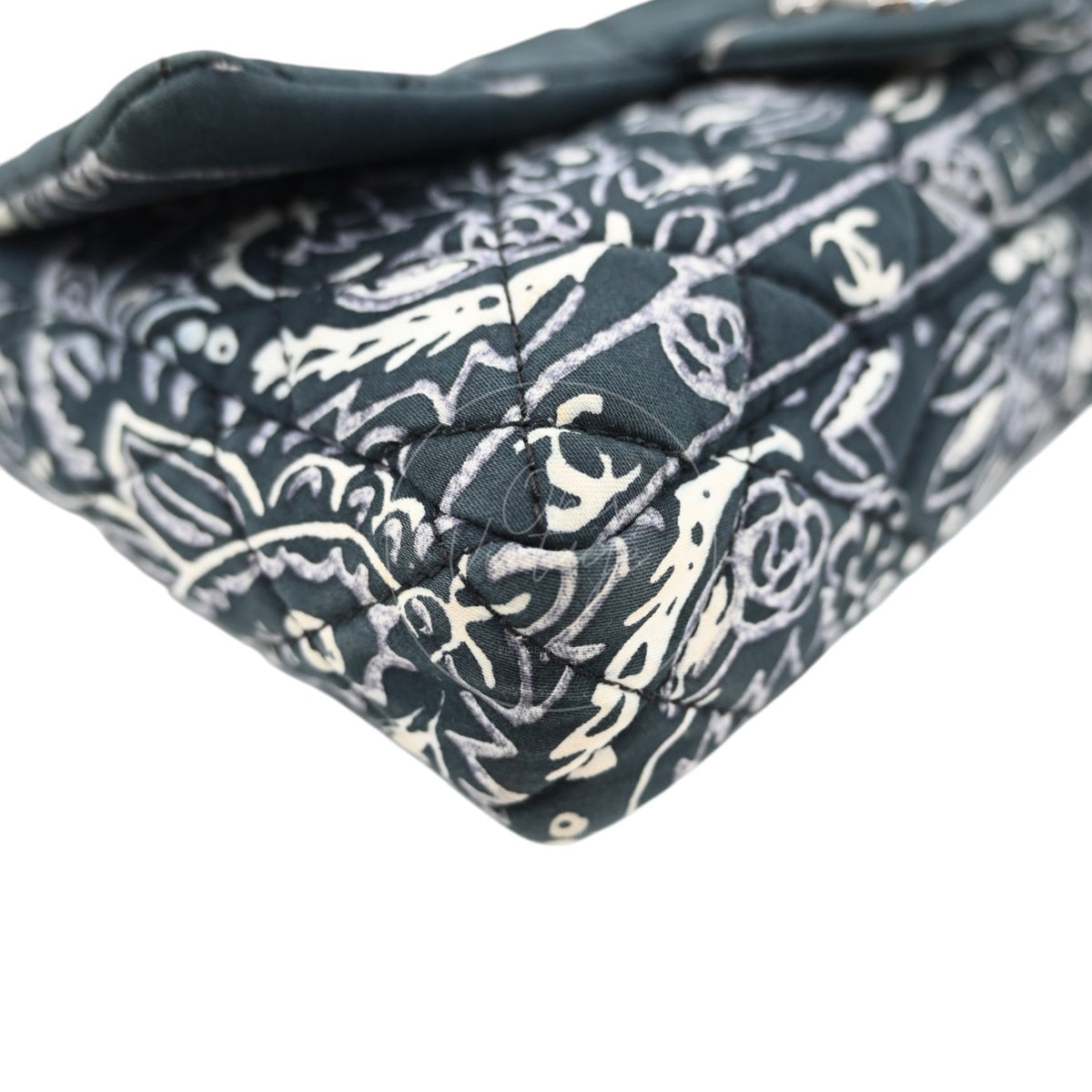 Chanel Small Bandana Single Flap in black quilted cotton, bag corner with bandana print and protective foot detail