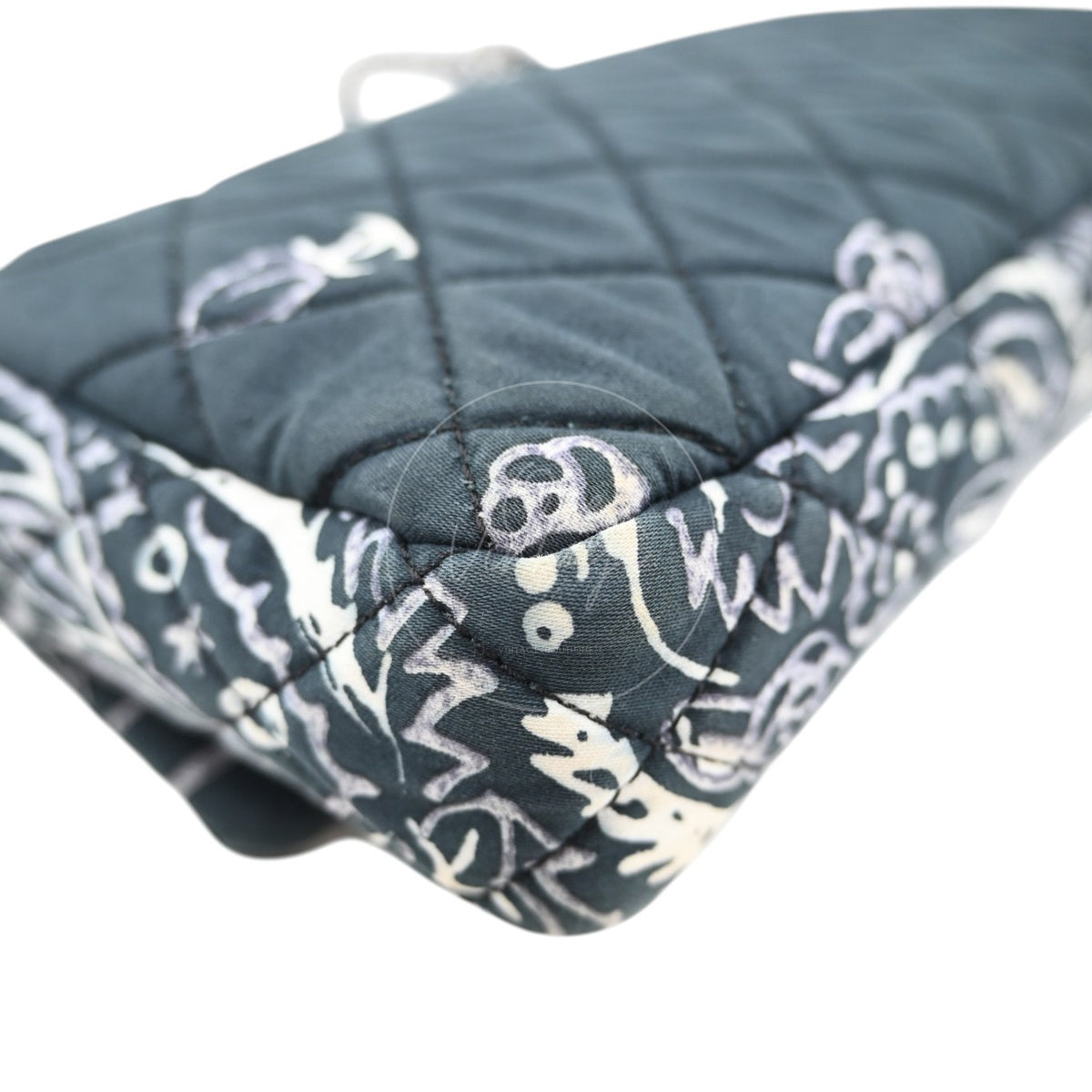 Chanel Small Bandana Single Flap in black quilted cotton, bag corner with bandana print and quilted construction detail