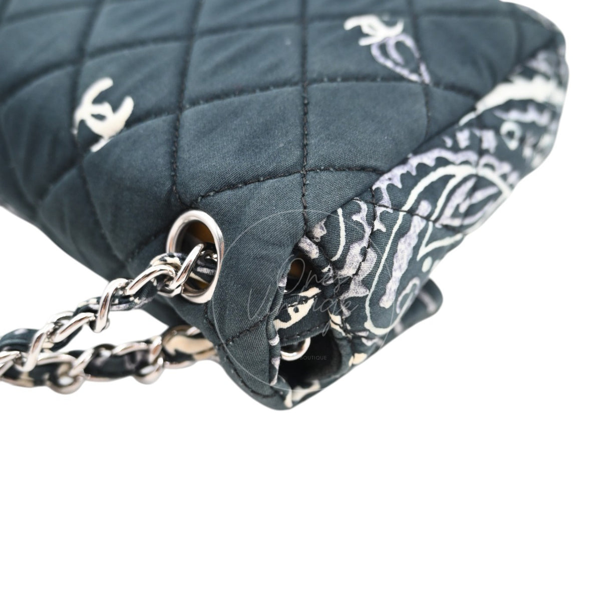 Chanel Small Bandana Single Flap in black quilted cotton, bag corner with bandana print and chain strap attachment detail