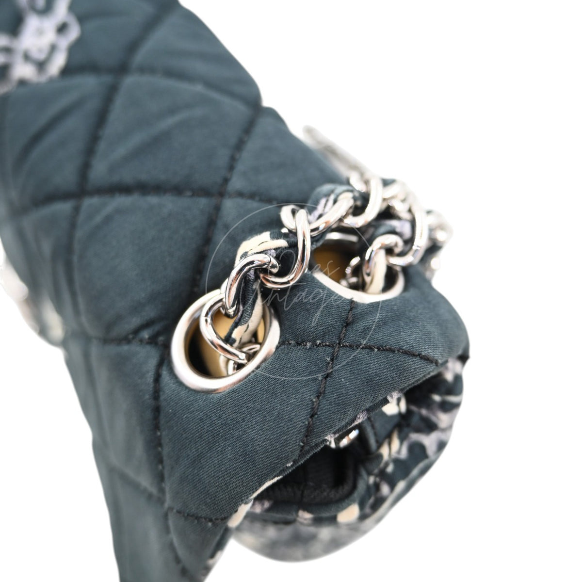Chanel Small Bandana Single Flap in black quilted cotton with silver-tone hardware, hardware with interlocking chain links and round chain grommets detail