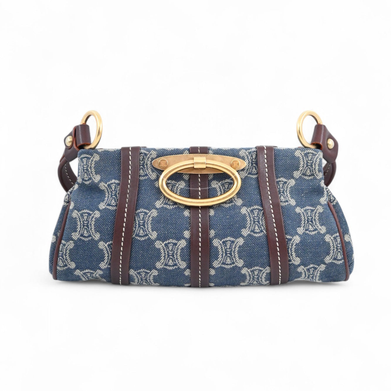 Céline Vintage Denim Triomphe canvas pochette bag in blue with central gold-tone oval clasp front view