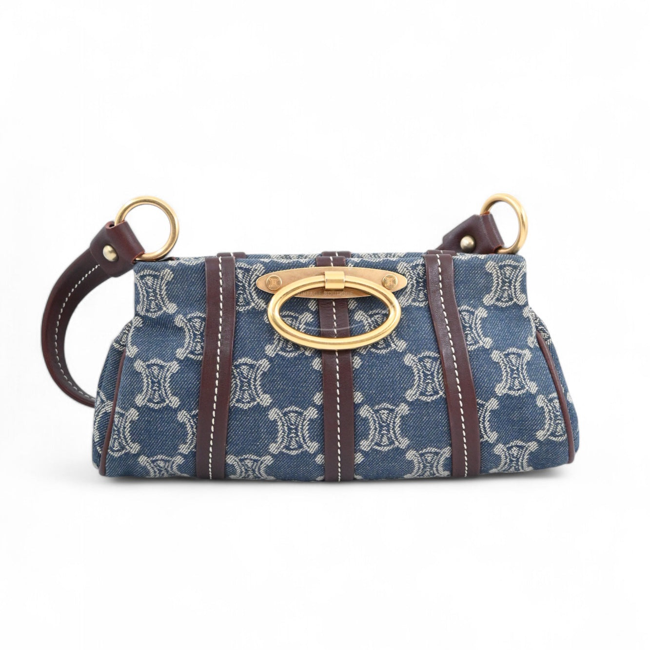 Celine Vintage Pairs Macadam Denim Shoulder Bag GHW Brown Blue