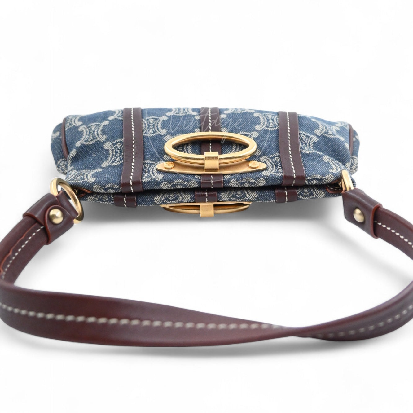 Celine Vintage Pairs Macadam Denim Shoulder Bag GHW Brown Blue