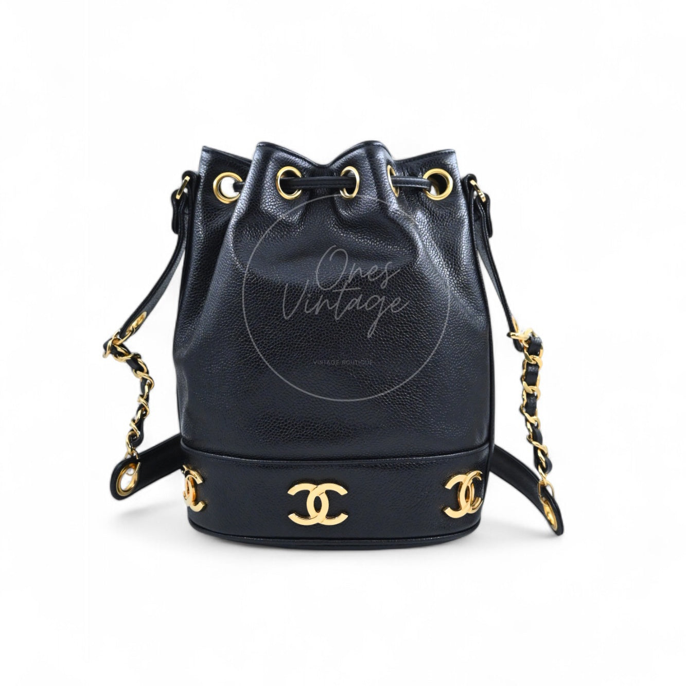 Chanel Vintage Multi-CC bucket bag in black Caviar leather with drawstring closure front view