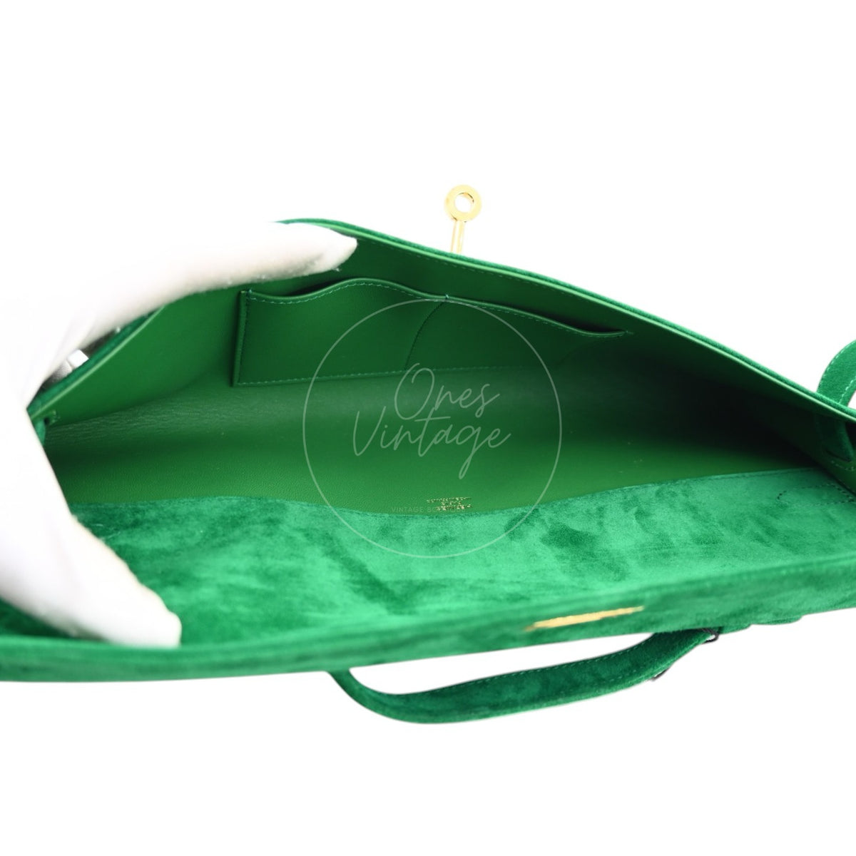 Hermes Kelly Cut Veau Doblis Suede GHW Green Stamp B