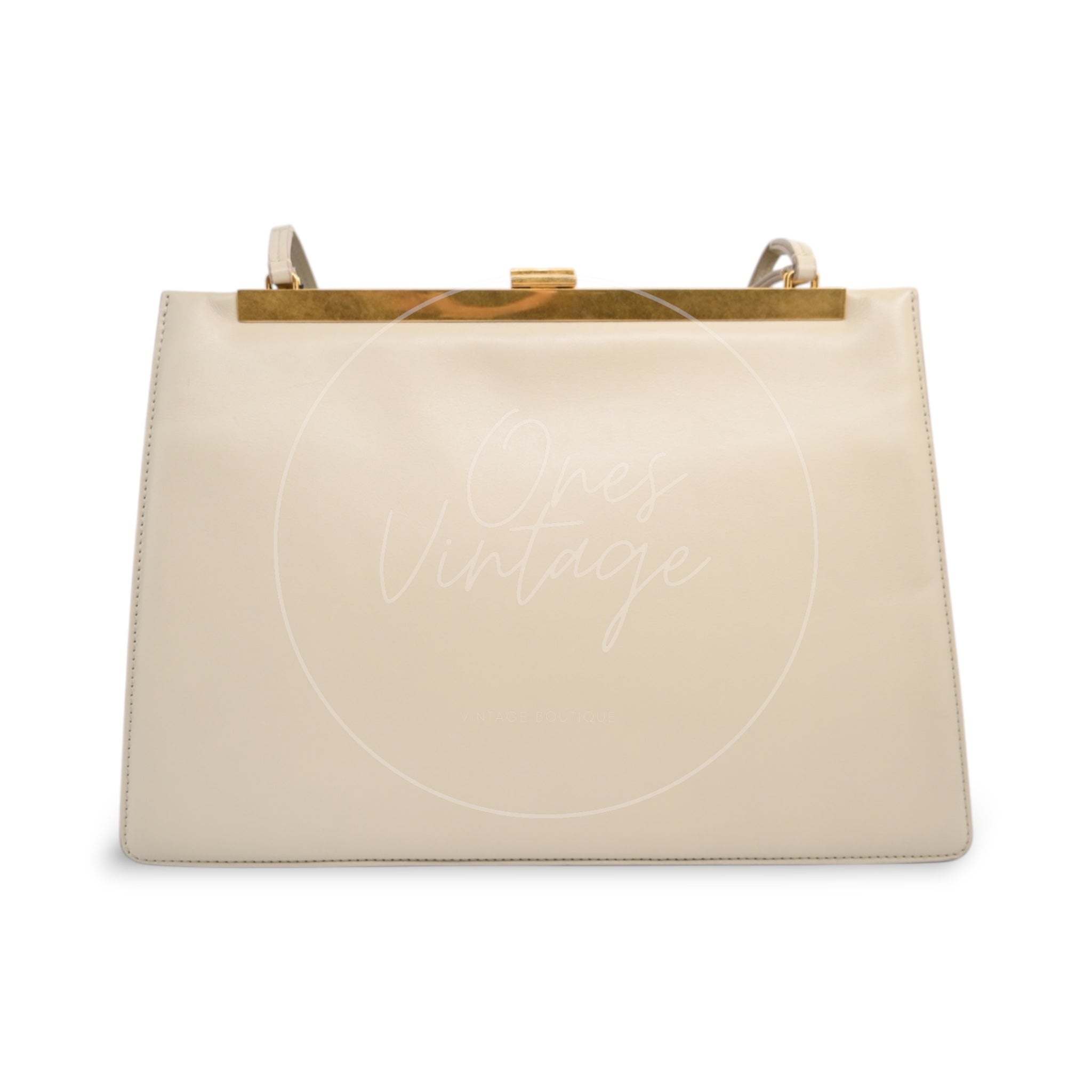 Celine Clasp Leather Handbag GHW Beige F-GM-1158