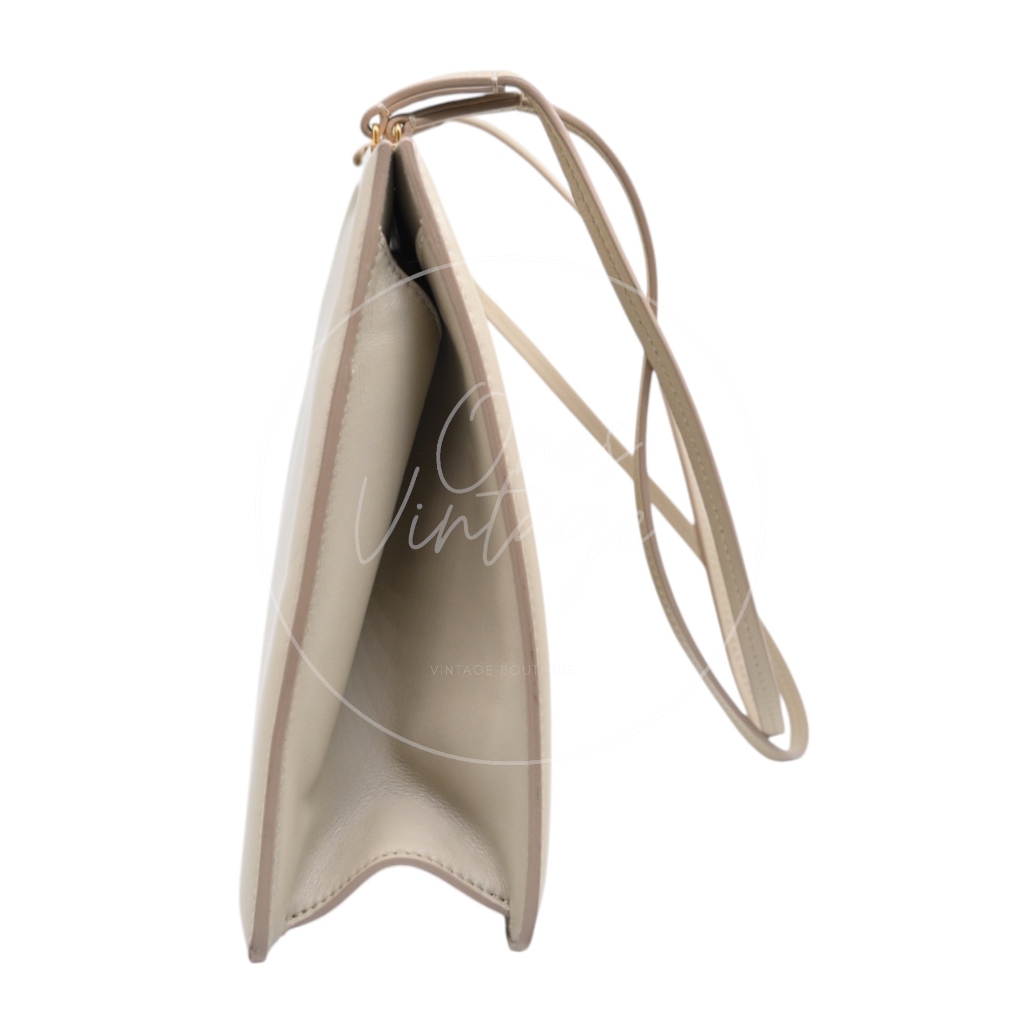 Celine Clasp Leather Handbag GHW Beige F-GM-1158