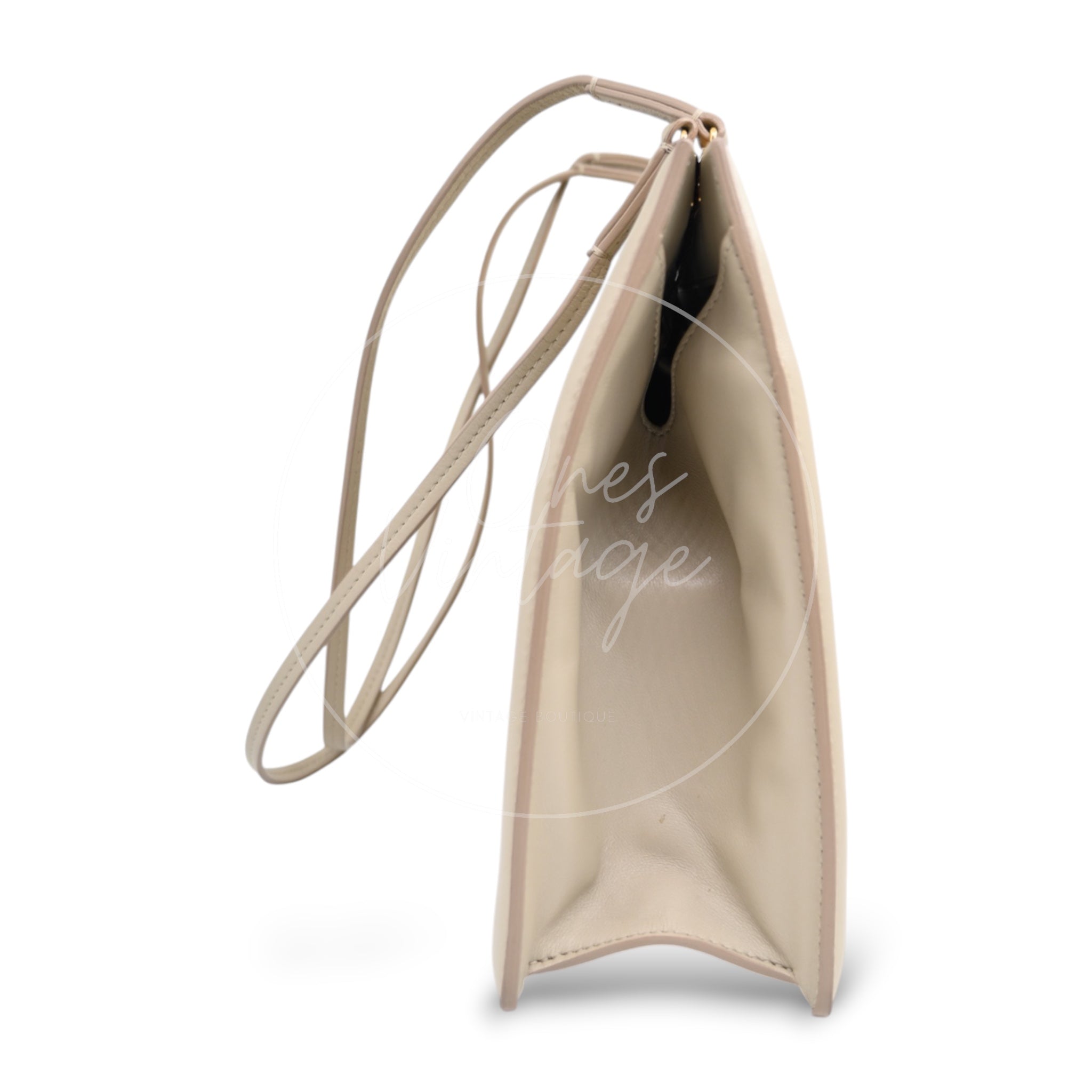 Celine Clasp Leather Handbag GHW Beige F-GM-1158