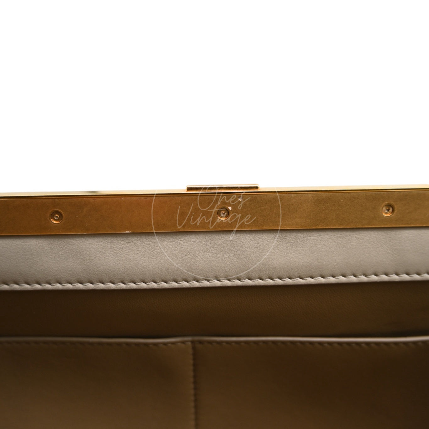 Celine Clasp Leather Handbag GHW Beige F-GM-1158