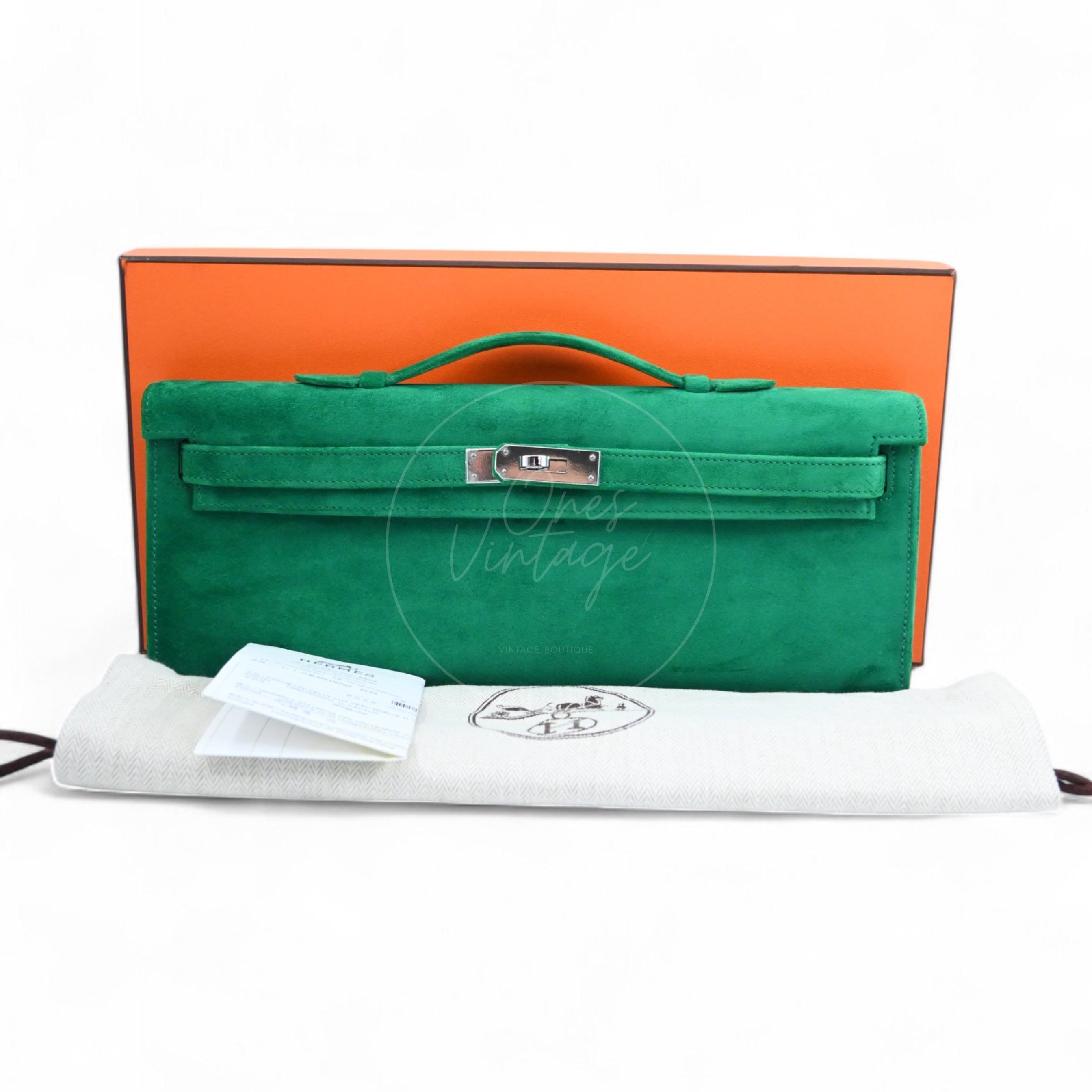 Hermes Kelly Cut Clutch Suede PHW Green Stamp B