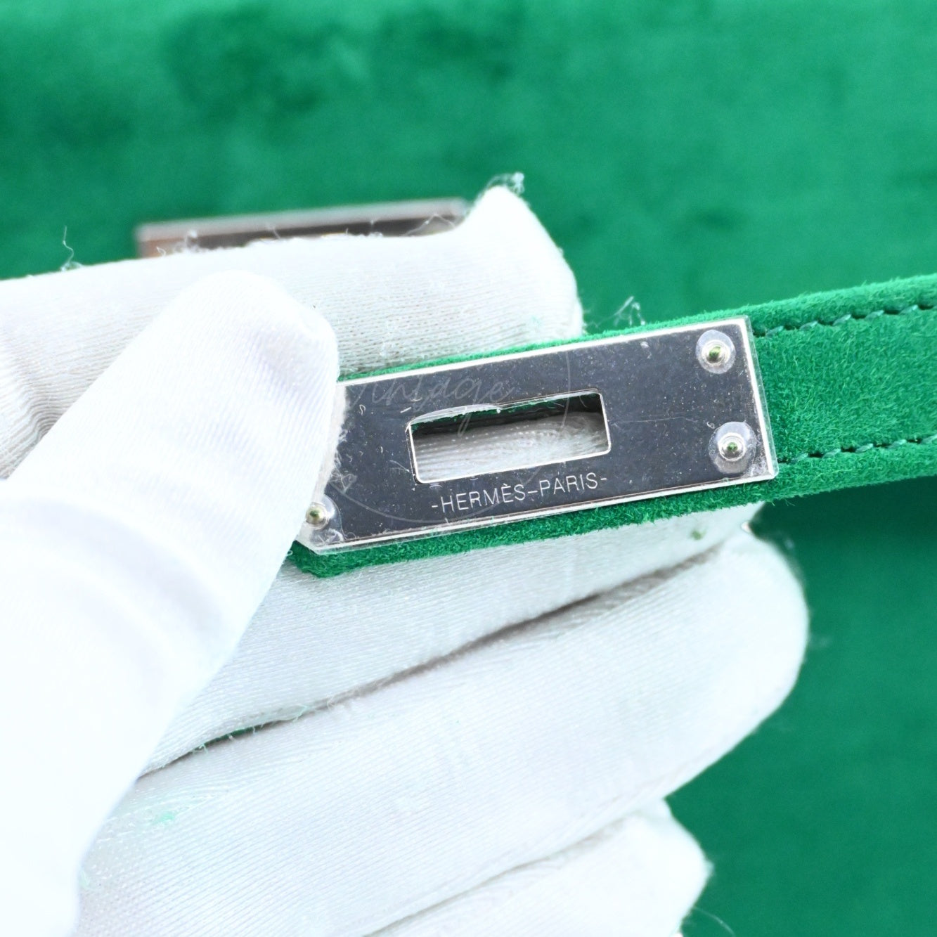 Hermes Kelly Cut Clutch Suede PHW Green Stamp B