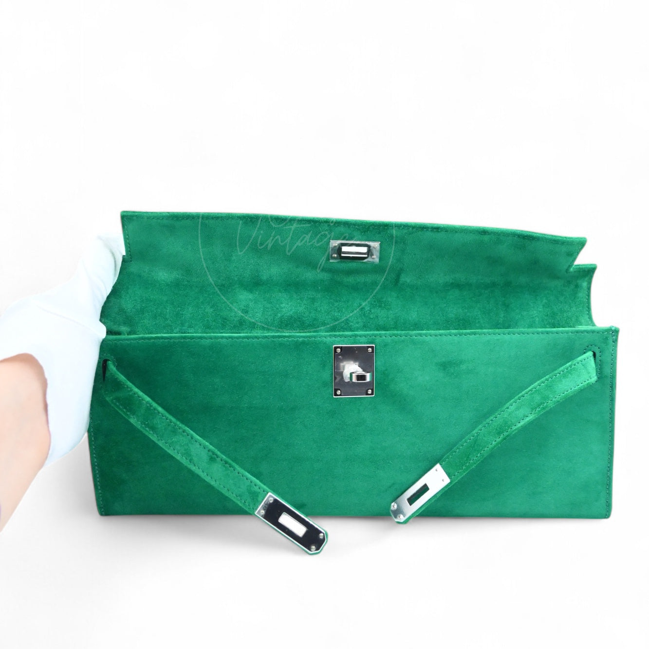 Hermes Kelly Cut Clutch Suede PHW Green Stamp B