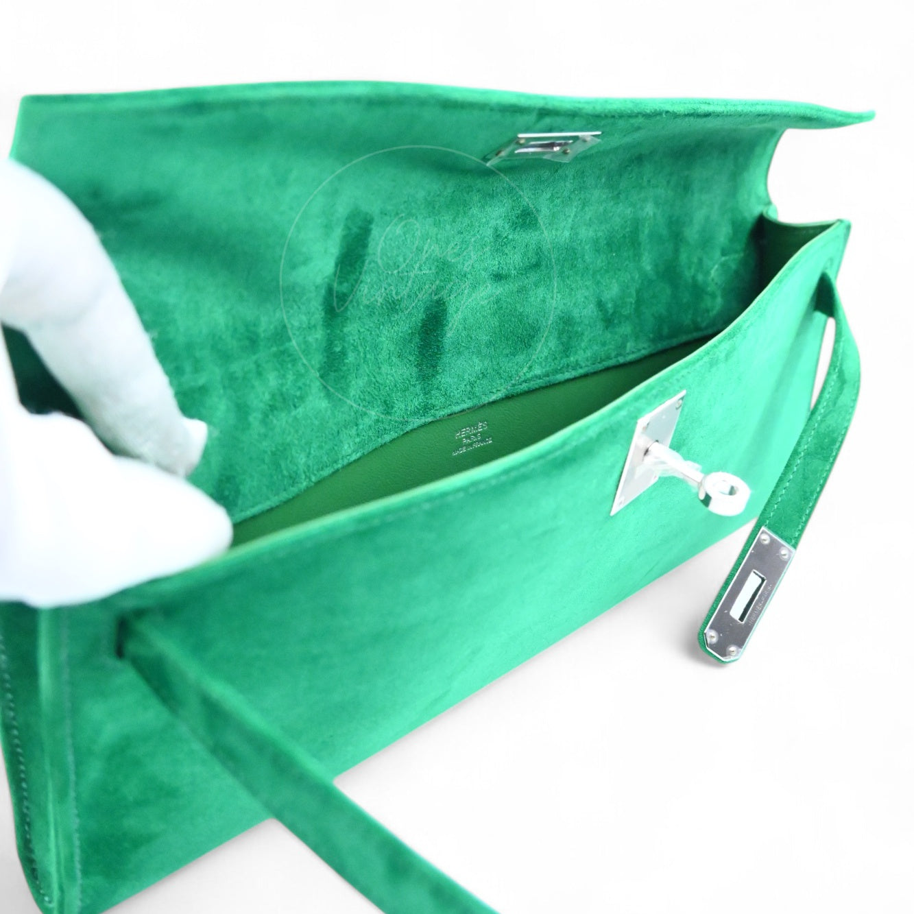 Hermes Kelly Cut Clutch Suede PHW Green Stamp B