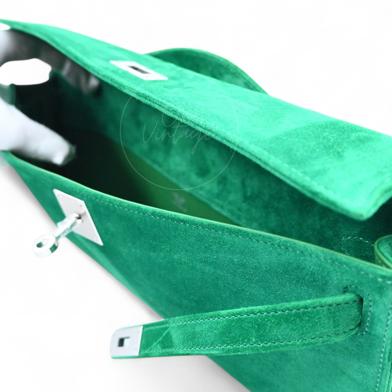 Hermes Kelly Cut Clutch Suede PHW Green Stamp B