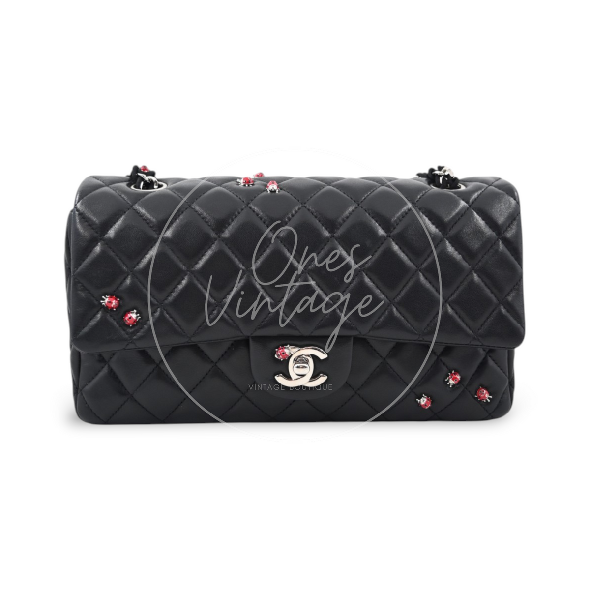 Chanel Quilted Medium Ladybug Flap Bag Lambskin Black SHW Series 14