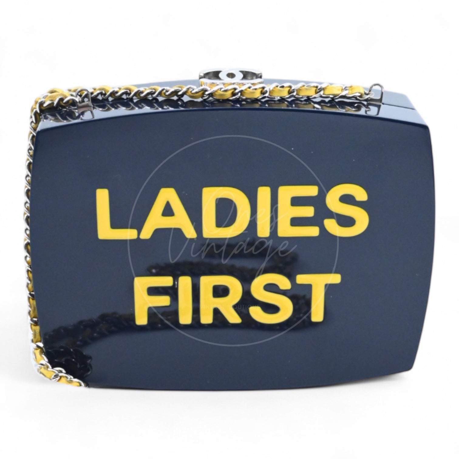 Chanel 5x5=Chanel Plexiglass Evening In The Street Clutch Box Bag GHW Navy Yellow Series 20