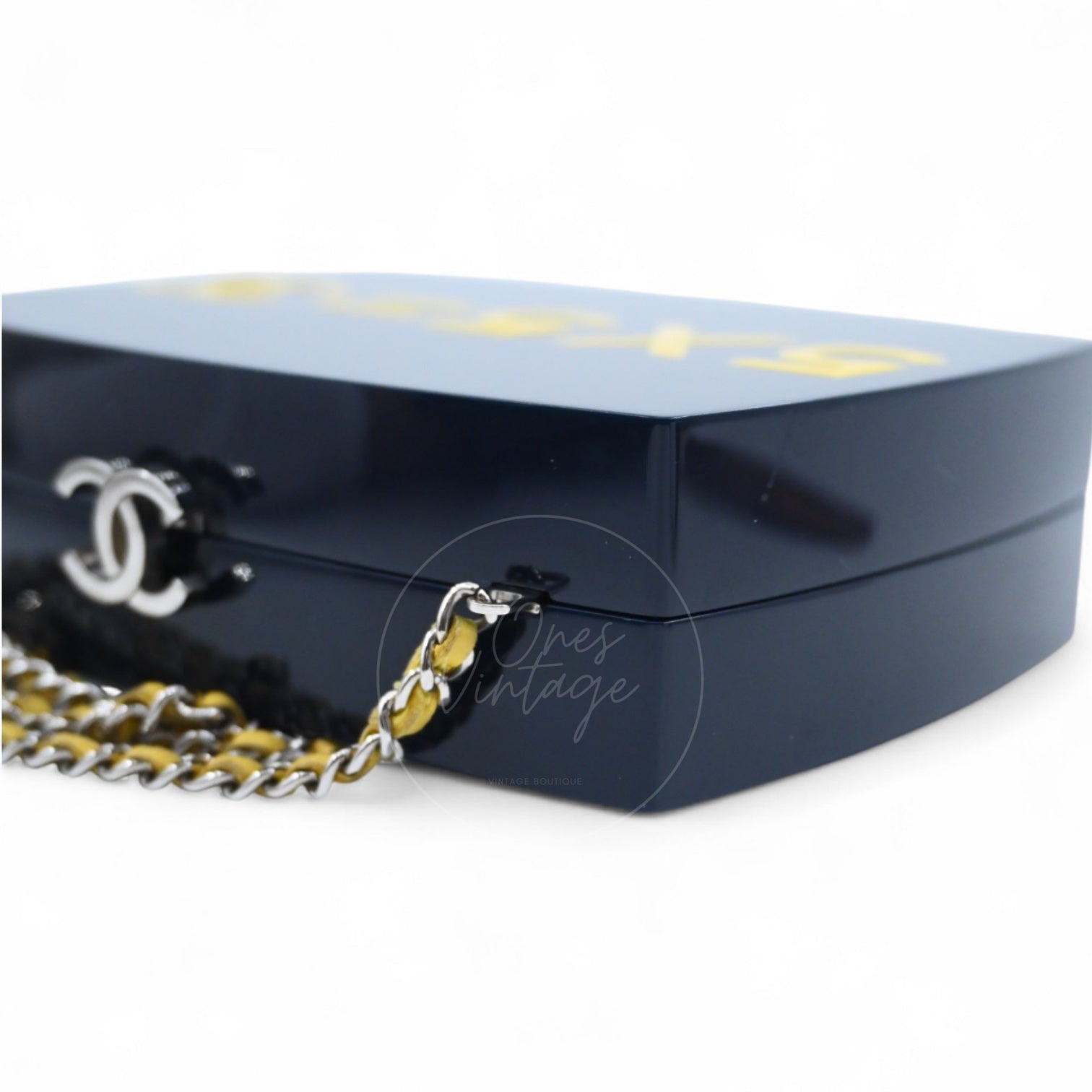Chanel 5x5=Chanel Plexiglass Evening In The Street Clutch Box Bag GHW Navy Yellow Series 20