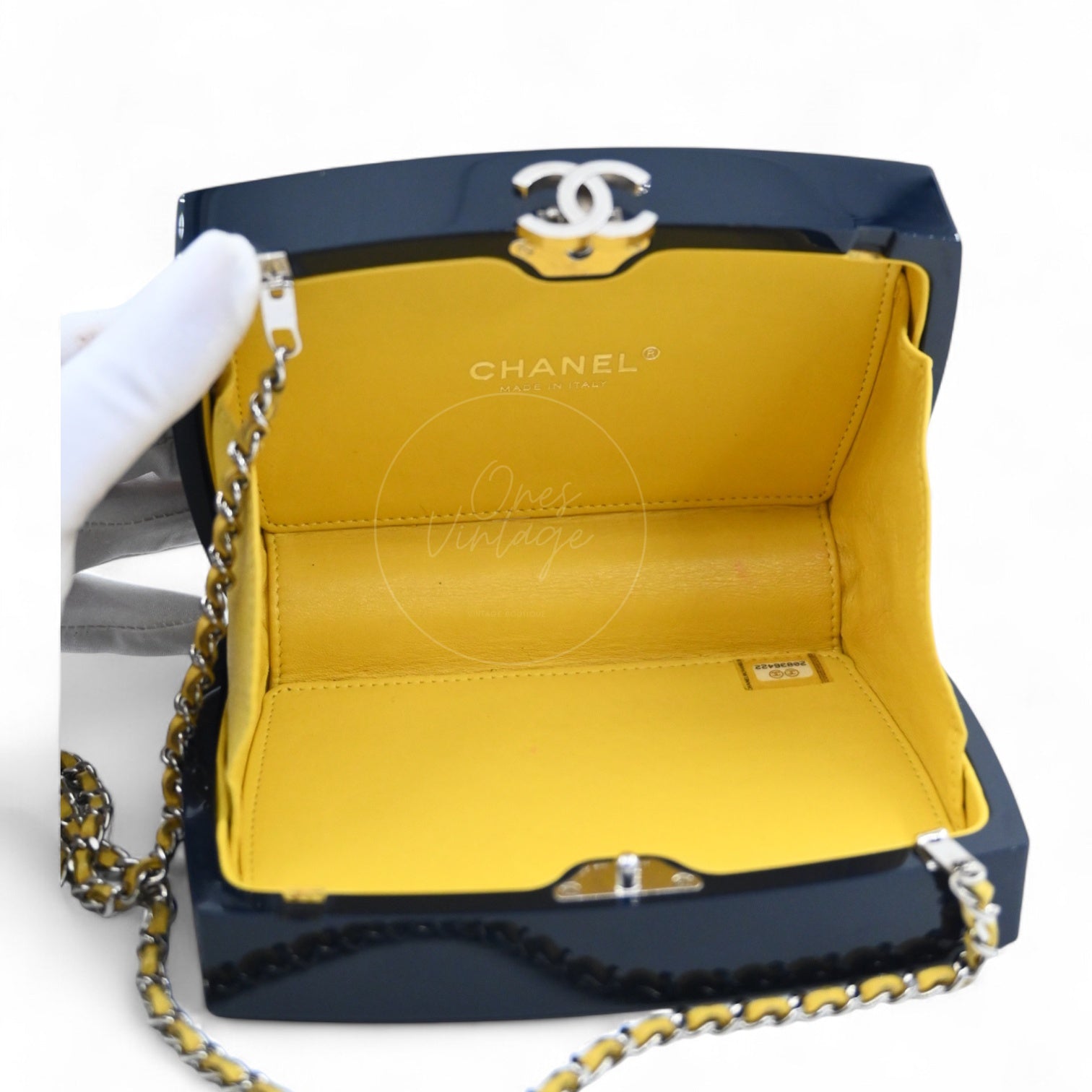 Chanel 5x5=Chanel Plexiglass Evening In The Street Clutch Box Bag GHW Navy Yellow Series 20