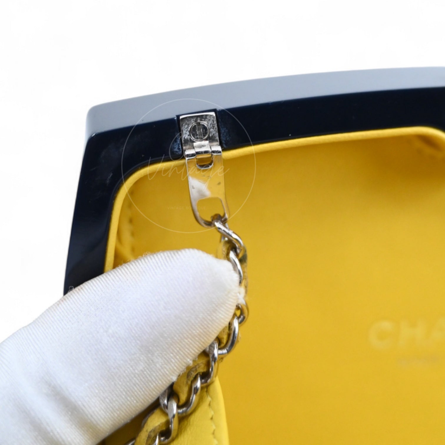Chanel 5x5=Chanel Plexiglass Evening In The Street Clutch Box Bag GHW Navy Yellow Series 20