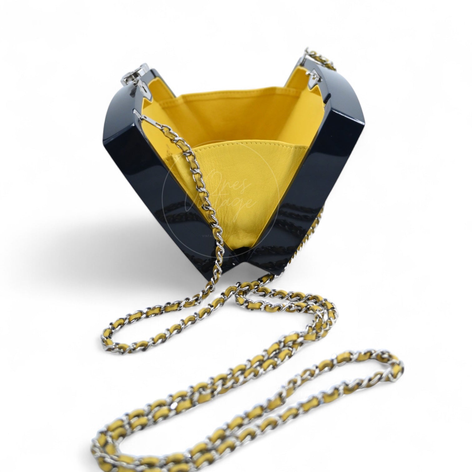 Chanel 5x5=Chanel Plexiglass Evening In The Street Clutch Box Bag GHW Navy Yellow Series 20