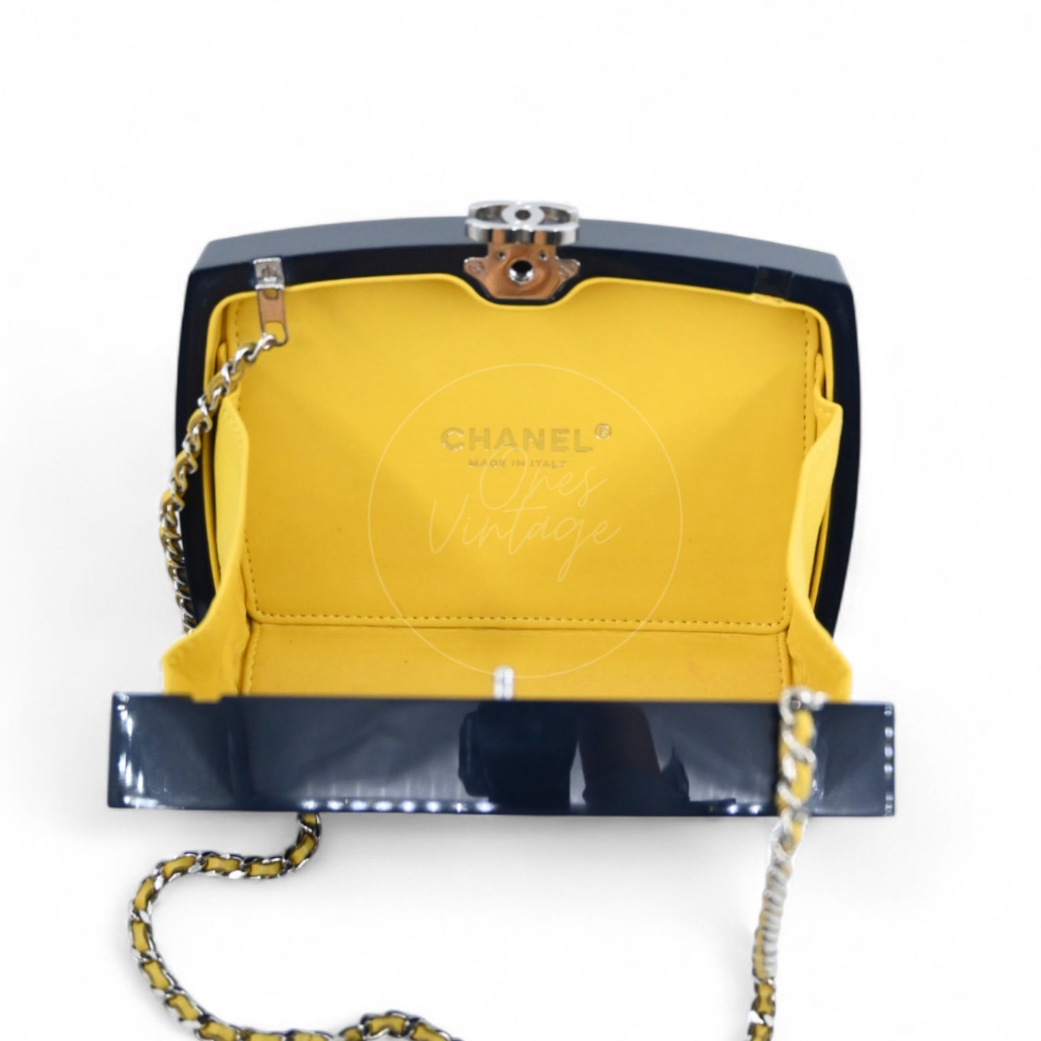 Chanel 5x5=Chanel Plexiglass Evening In The Street Clutch Box Bag GHW Navy Yellow Series 20