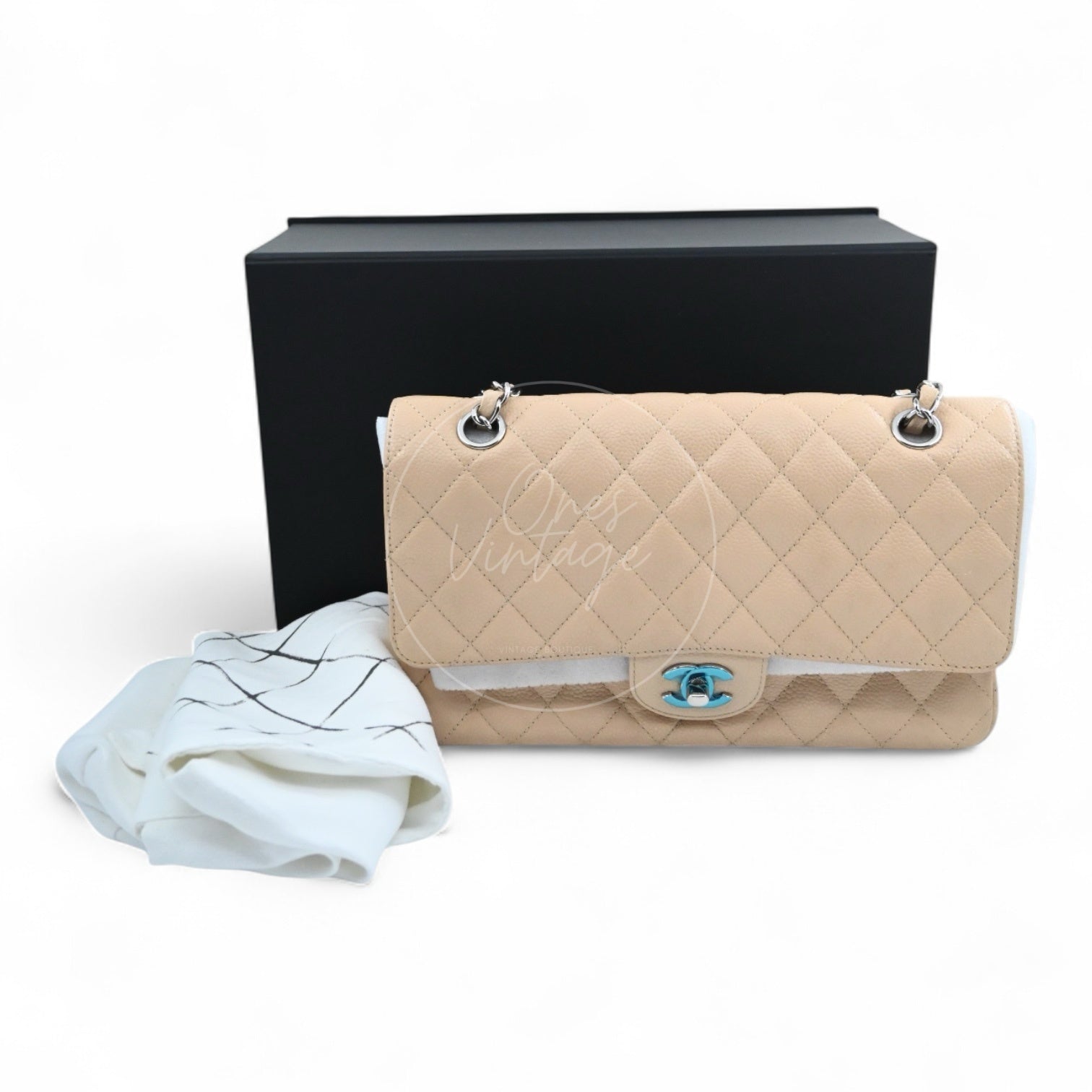 Chanel Classic Double Flap CF25 Caviar Bag PHW Beige Series 13