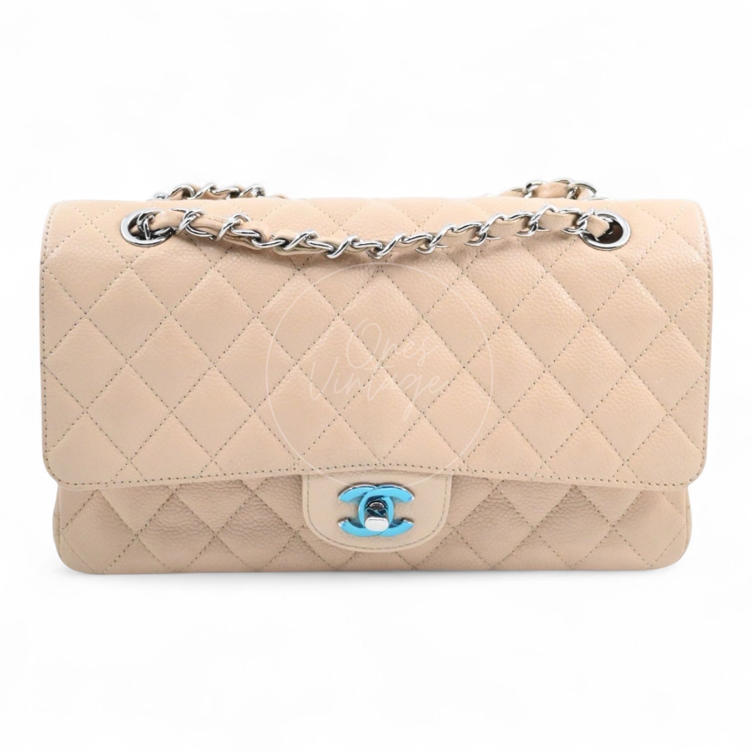 Chanel Classic Double Flap CF25 Caviar Bag PHW Beige Series 13