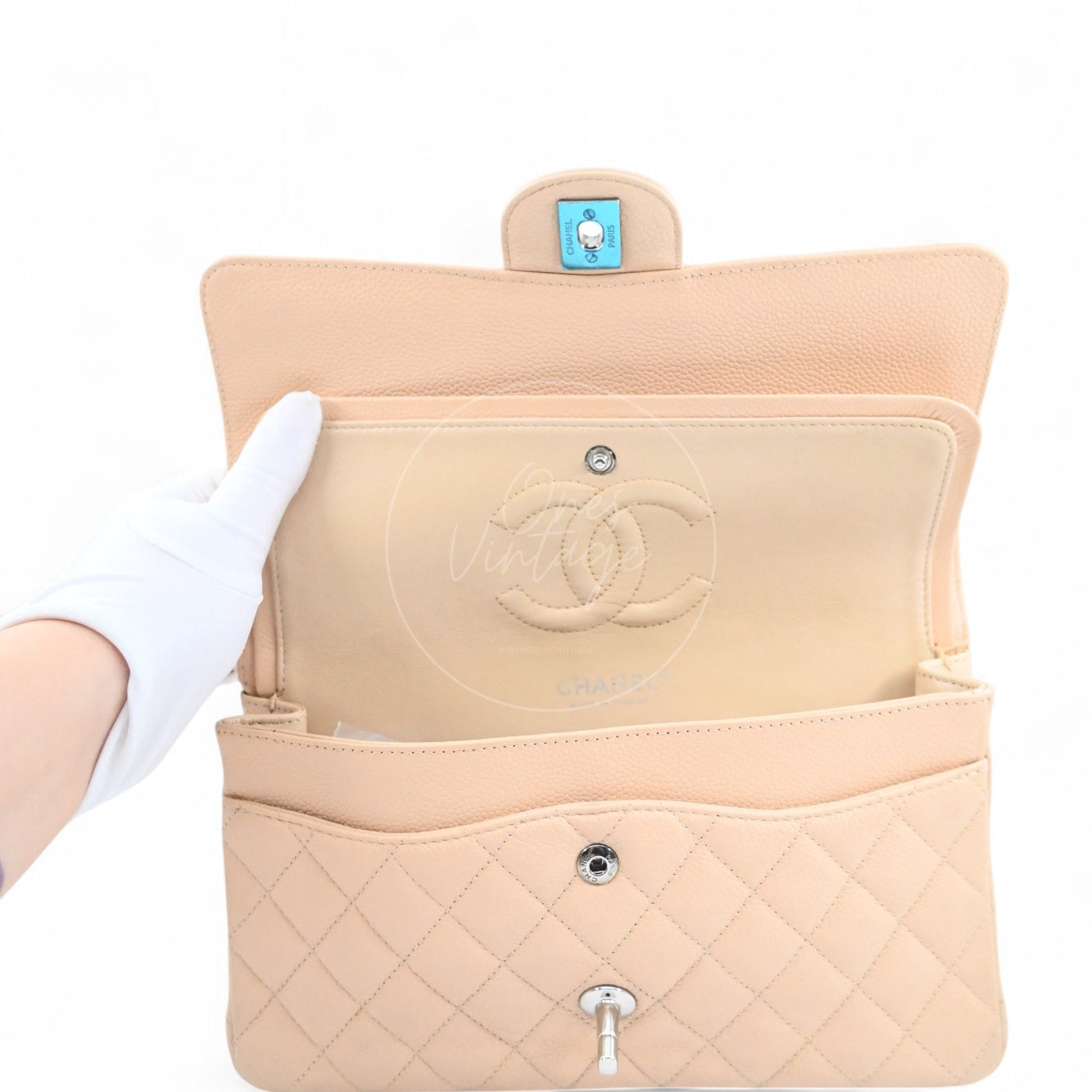 Chanel Classic Double Flap CF25 Caviar Bag PHW Beige Series 13