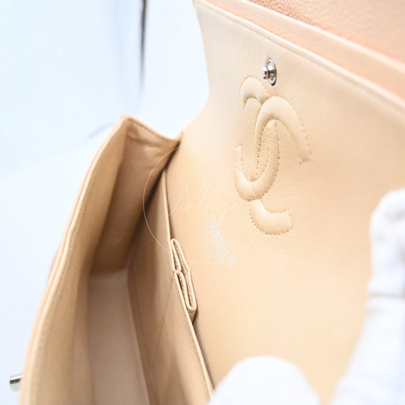 Chanel Classic Double Flap CF25 Caviar Bag PHW Beige Series 13