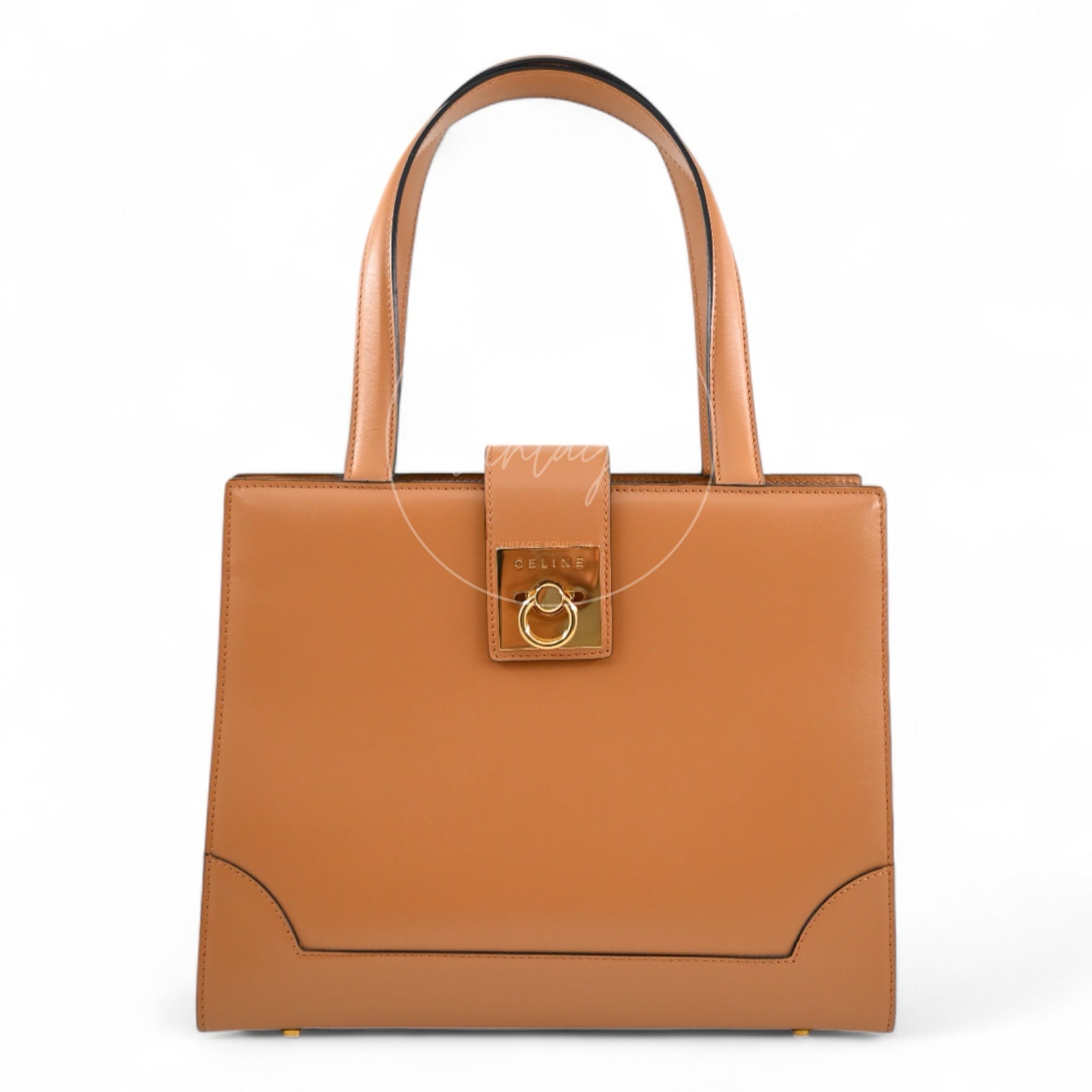 Celine Vintage Box leather top handle bag in tan with gold-tone ring clasp