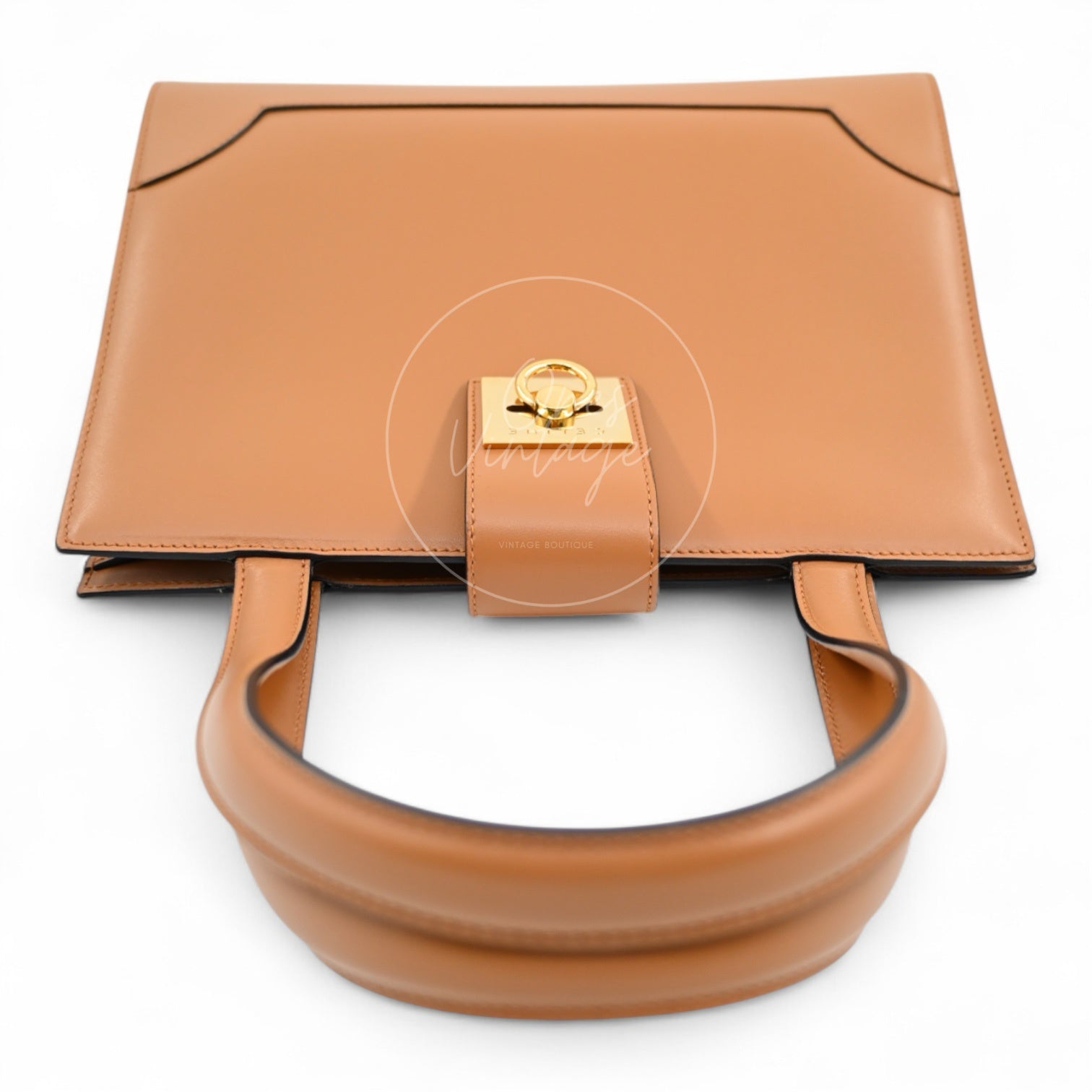 Top view of Céline vintage tan leather tote bag showing handles and structure