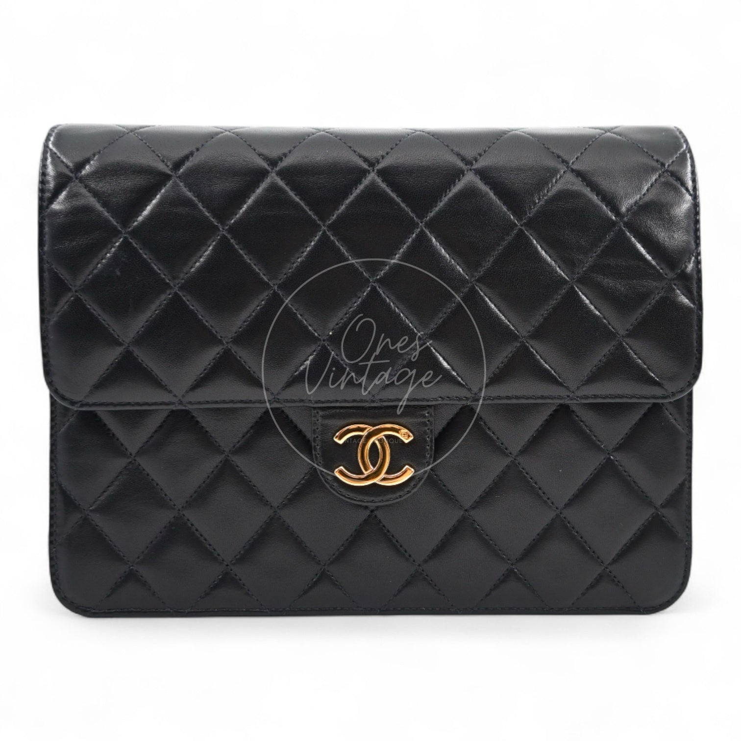 Chanel Vintage Classic Single Flap bag in black lambskin with gold hardware front view