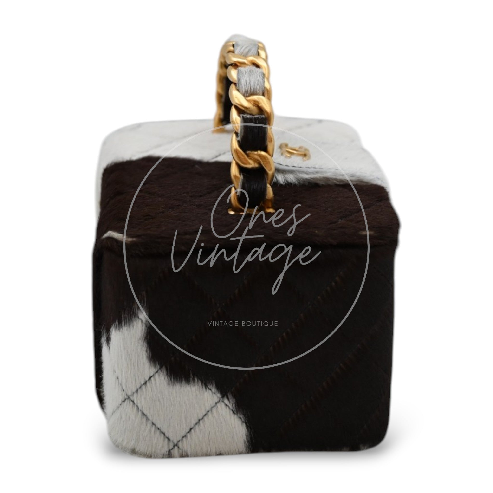 Chanel Square Vanity Box Brown and White Cow Print Pony Hair Antique Ghw Series 3