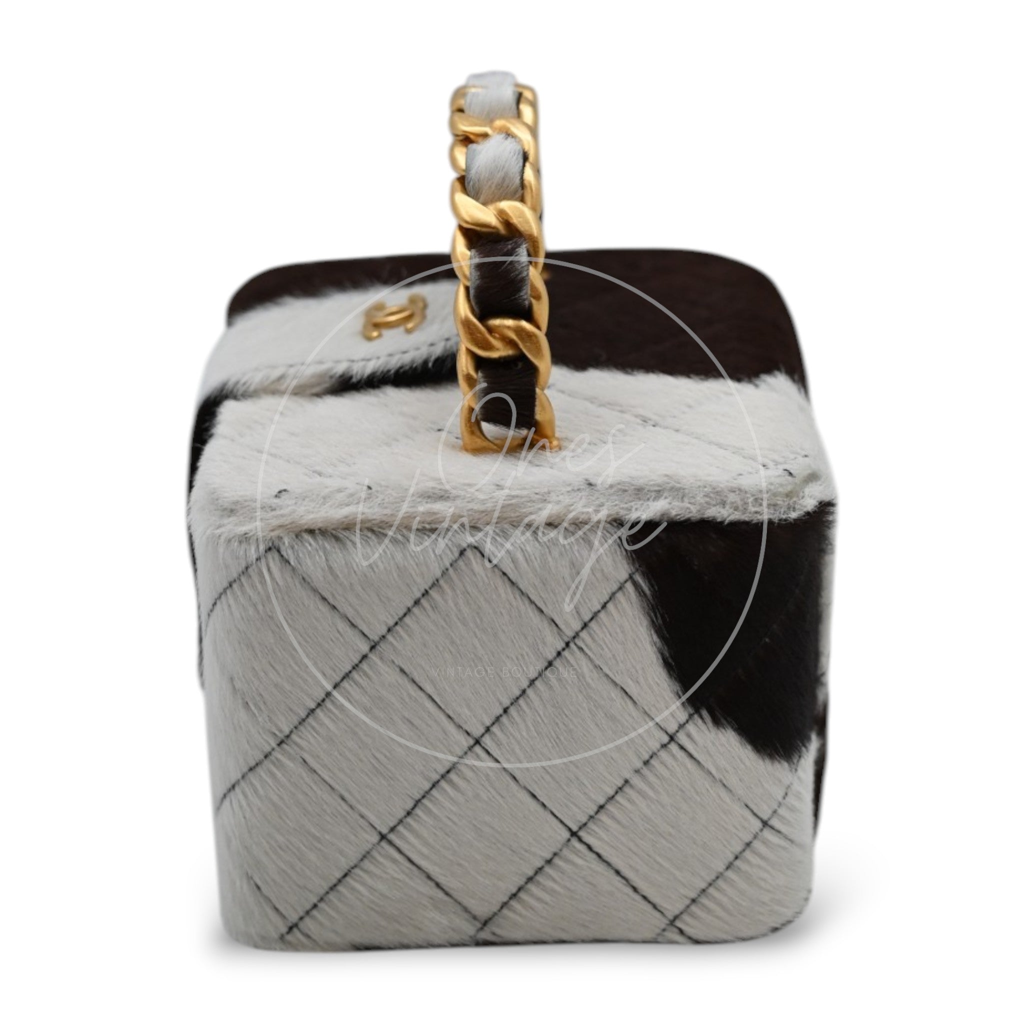 Chanel Square Vanity Box Brown and White Cow Print Pony Hair Antique Ghw Series 3