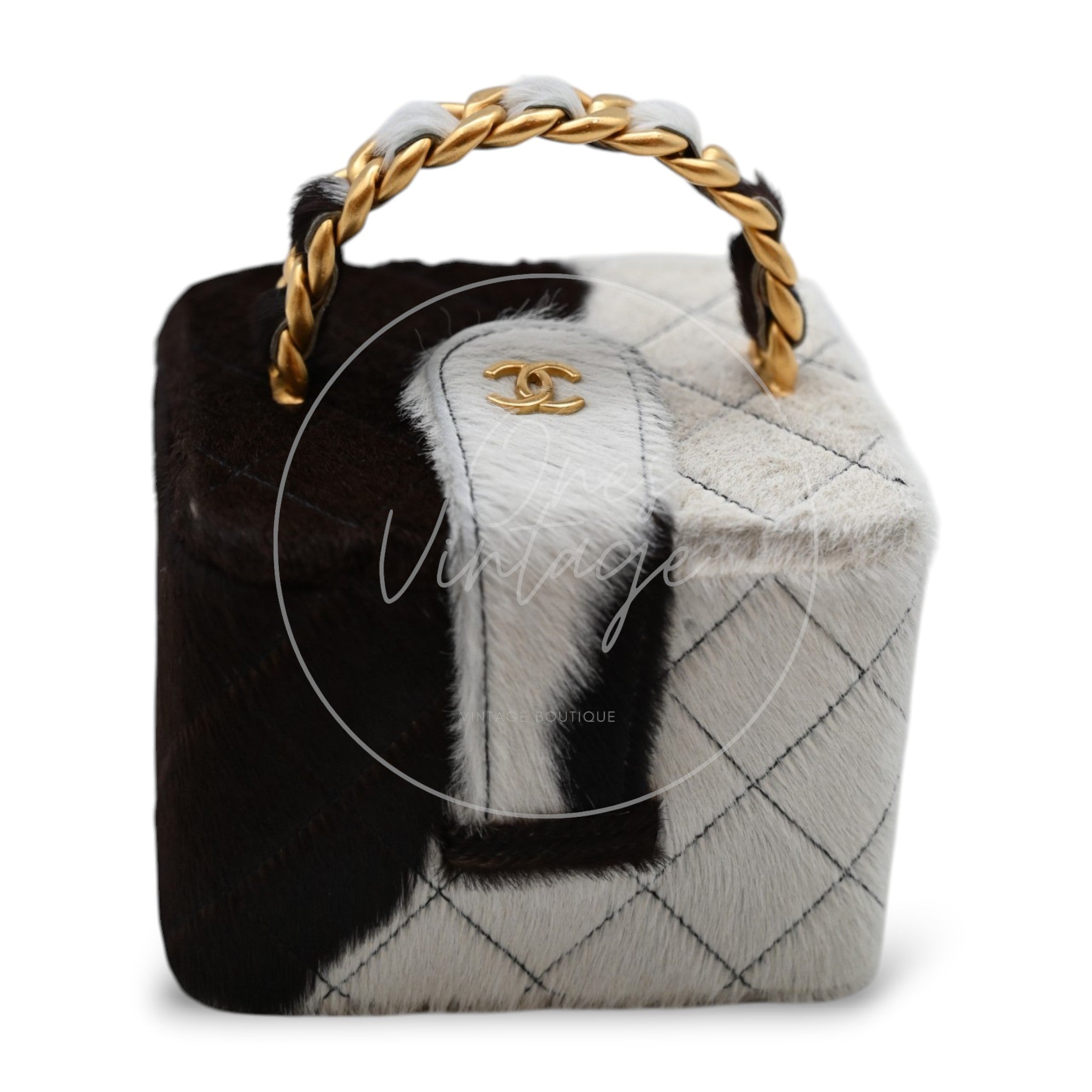 Chanel Square Vanity Box Brown and White Cow Print Pony Hair Antique Ghw Series 3