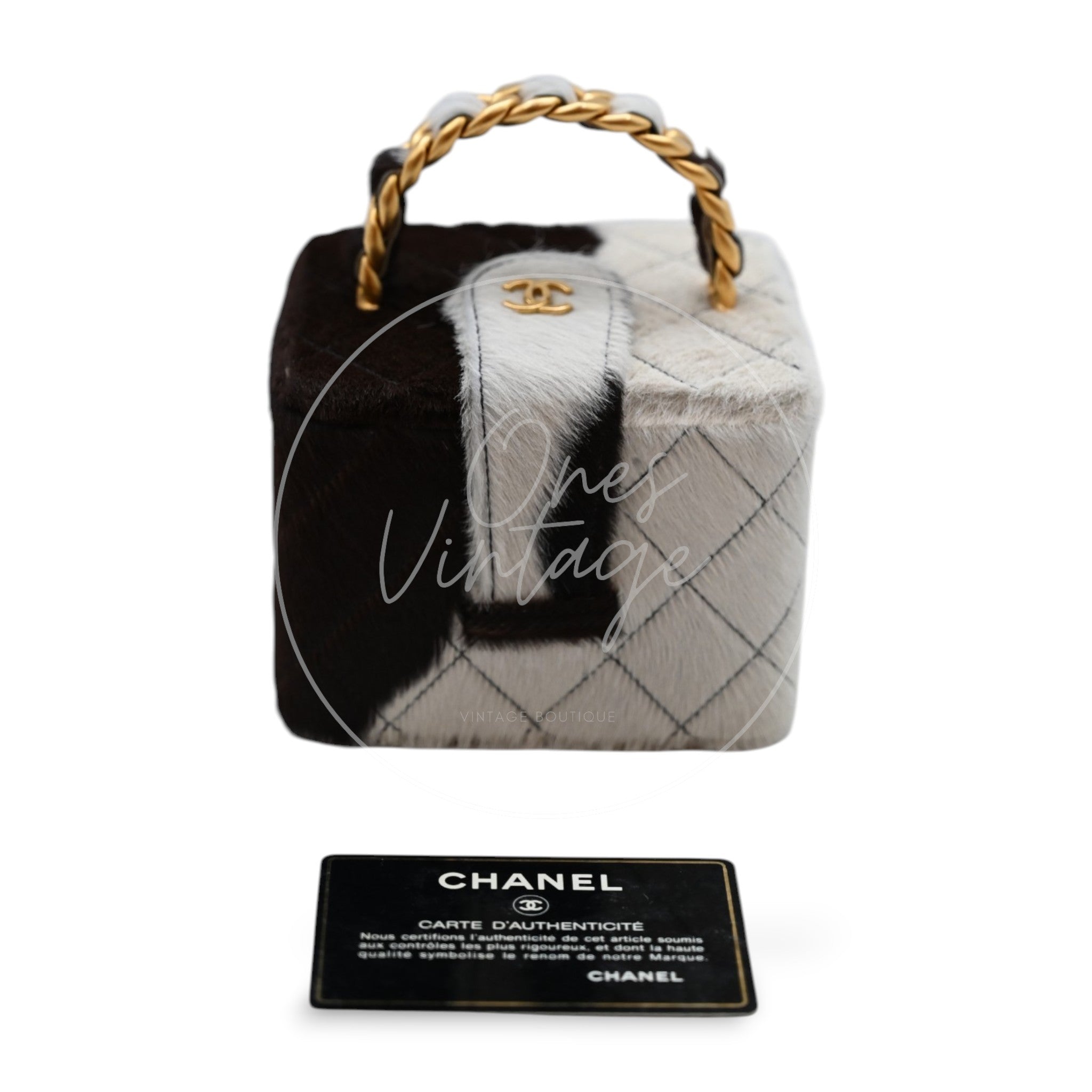 Chanel Square Vanity Box Brown and White Cow Print Pony Hair Antique Ghw Series 3