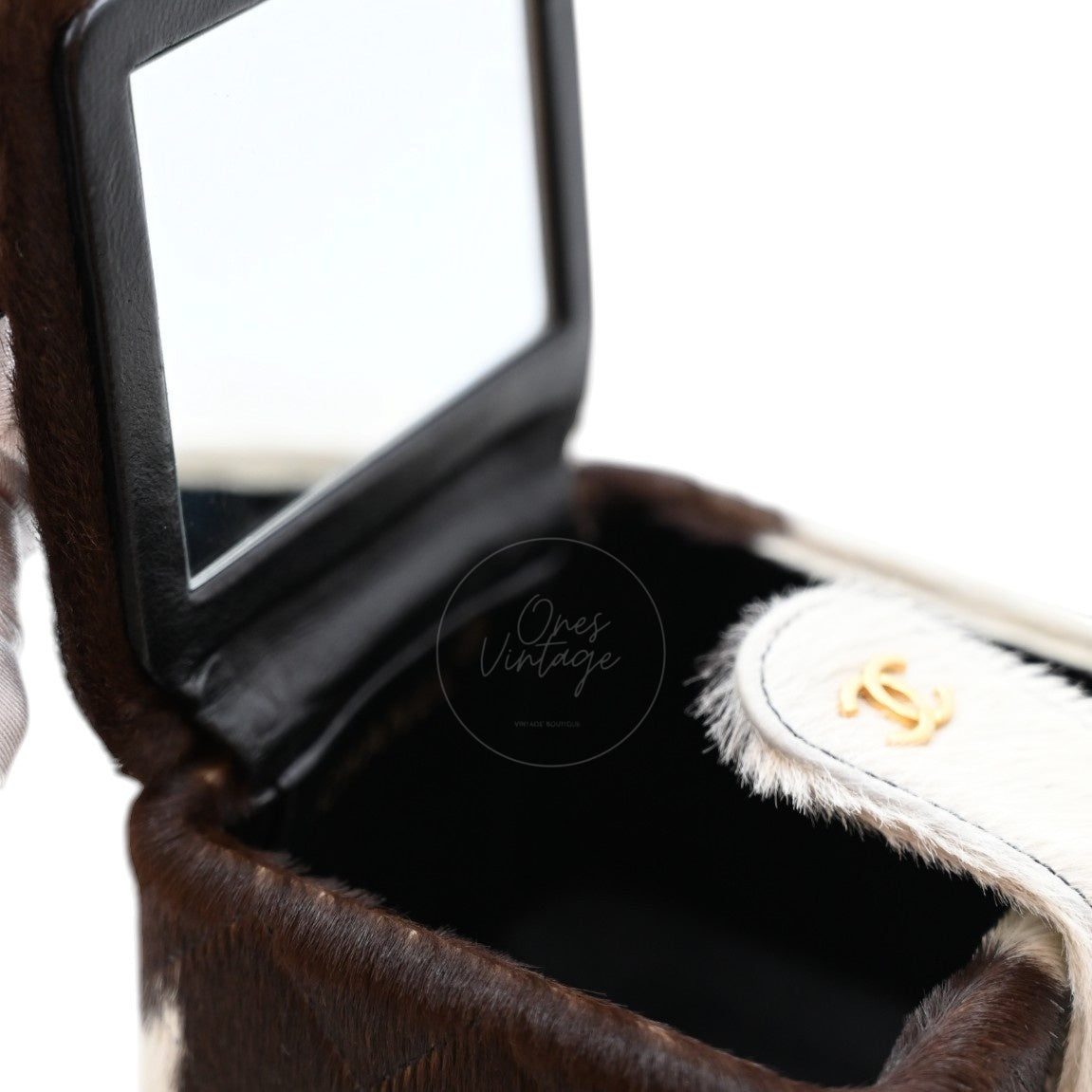 Chanel Square Vanity Box Brown and White Cow Print Pony Hair Antique Ghw Series 3