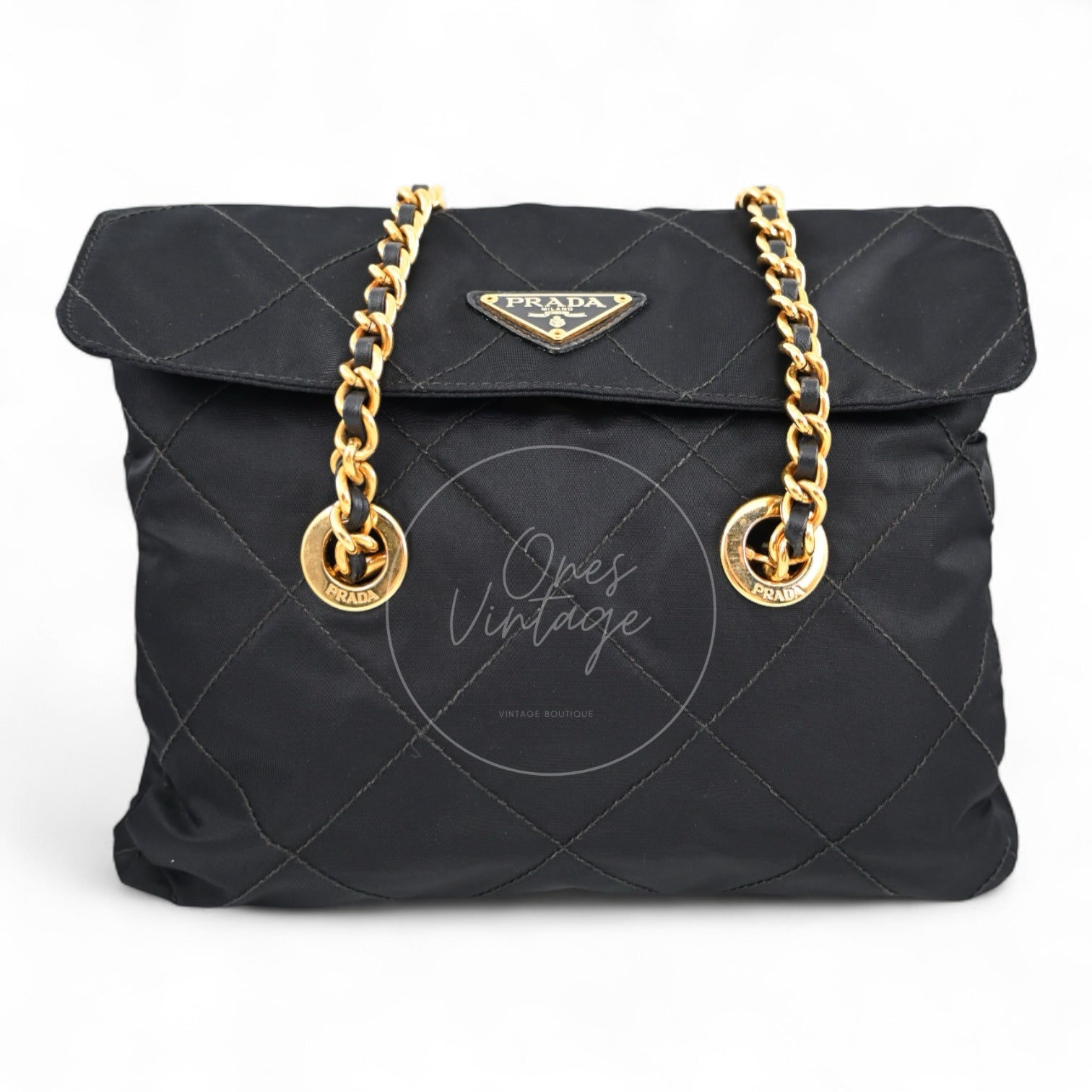 Prada Vintage quilted nylon flap bag in black with gold-tone chain strap front view