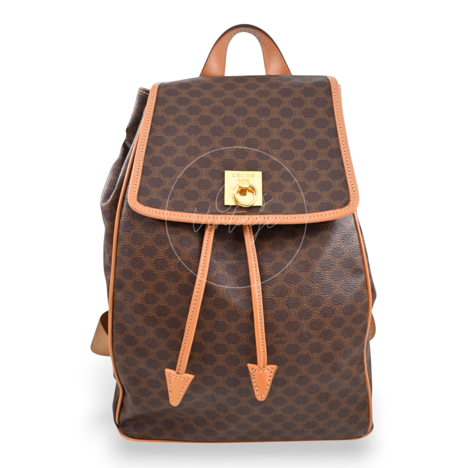 Céline Vintage Macadam canvas backpack with brown leather trim and drawstring closure front view