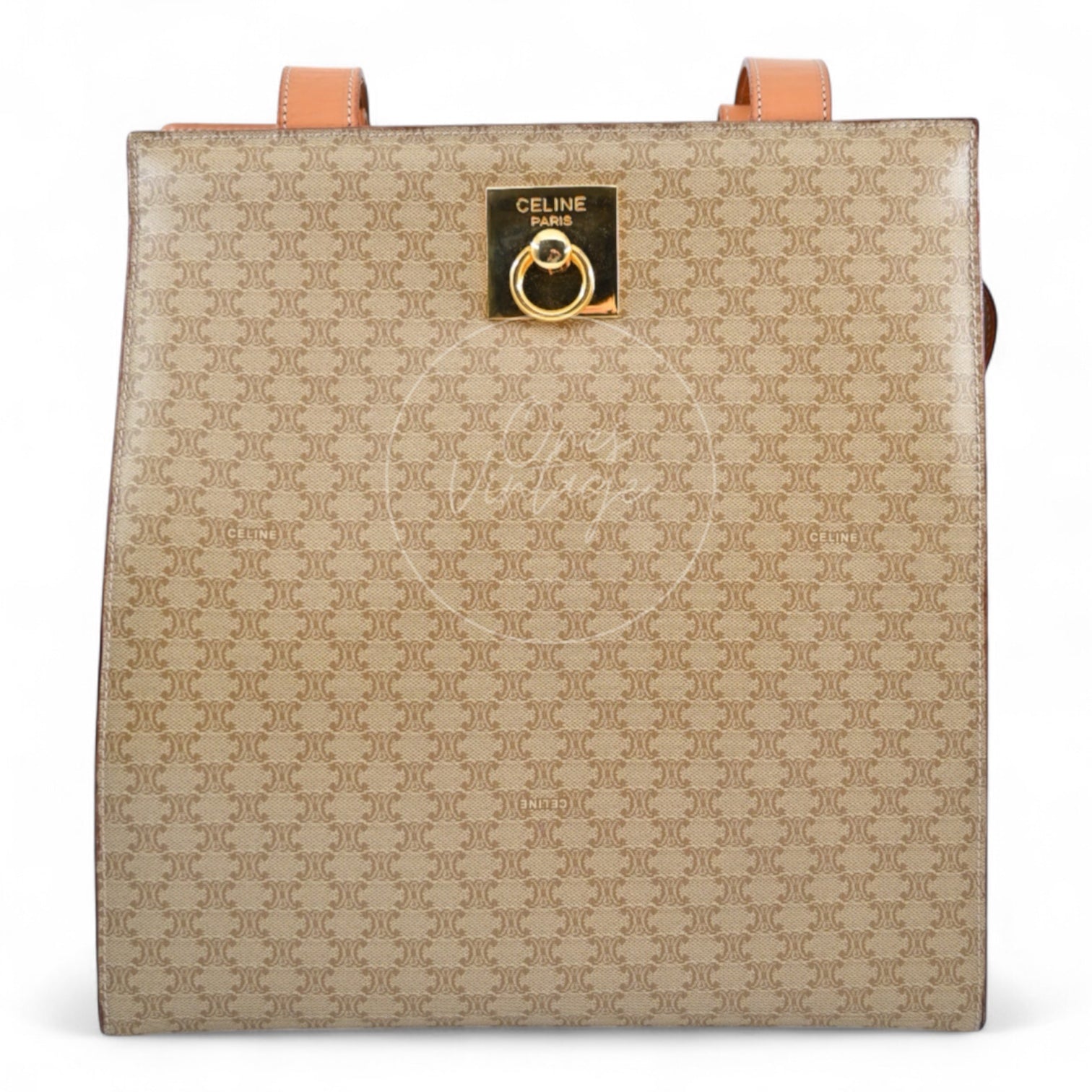 Céline Vintage Macadam tote bag in white canvas with central gold-tone square ring clasp front view