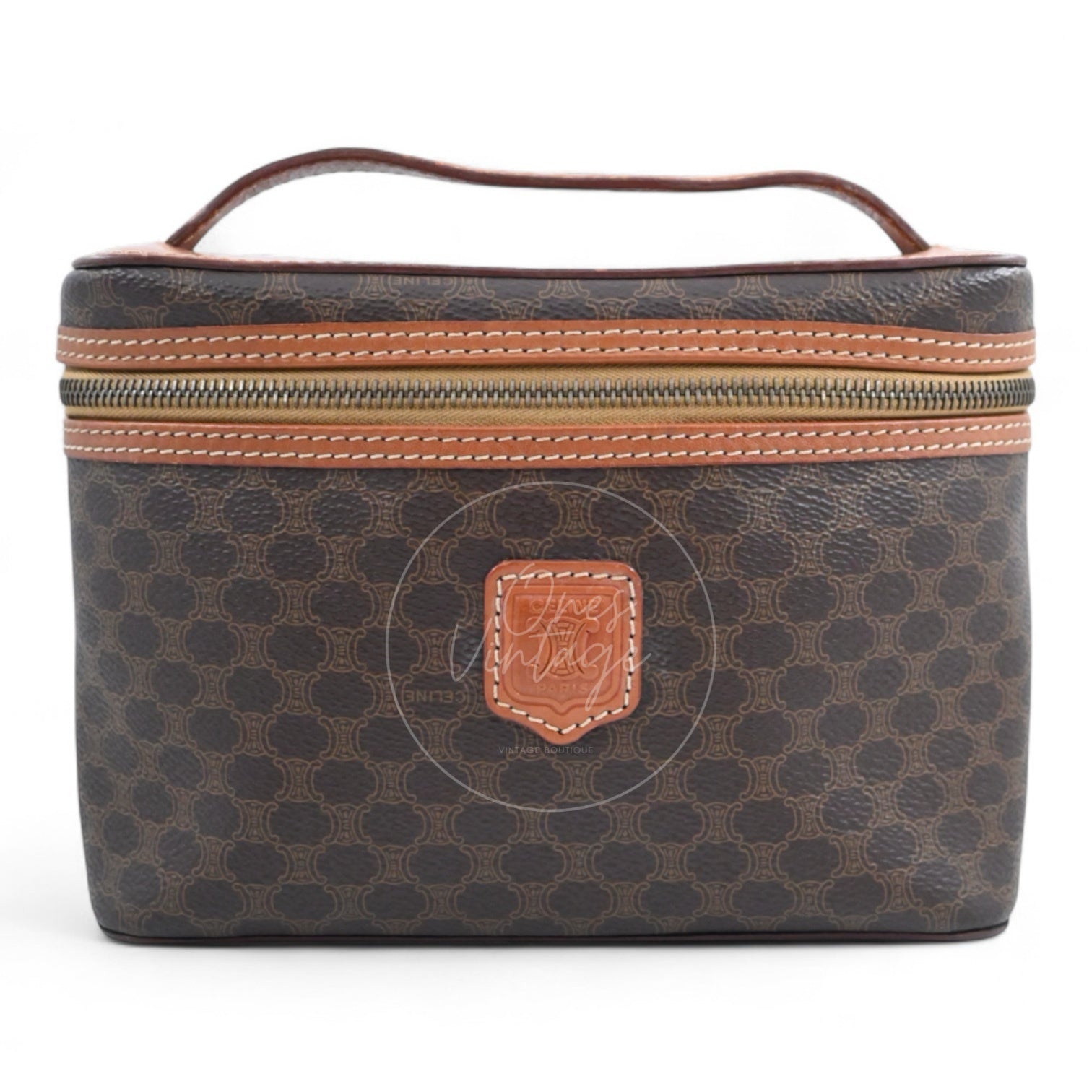 Céline Vintage Macadam canvas vanity case bag with top leather handle and embossed logo badge front view