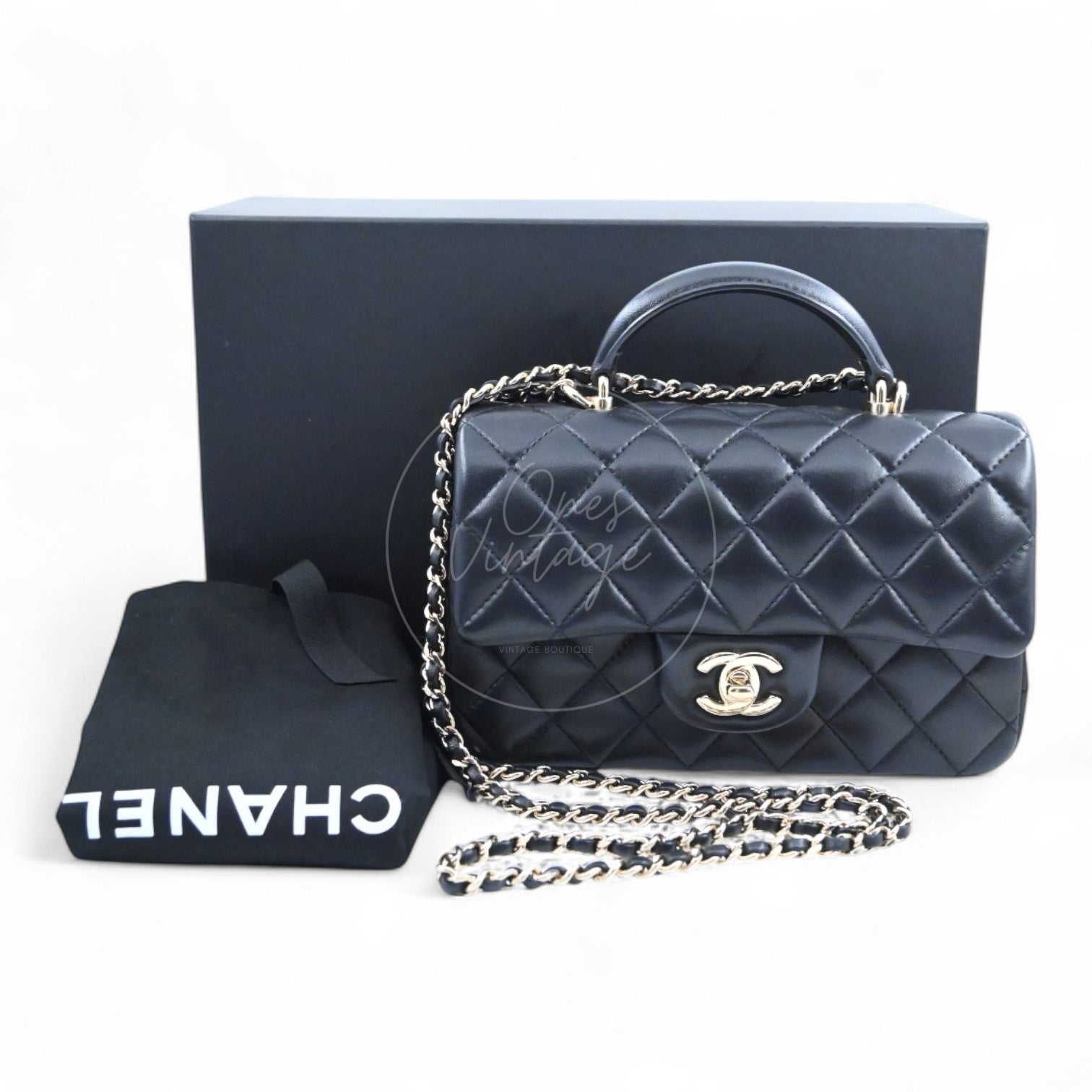 Chanel Lambskin Mini Rectangular Flap Bag With Top Handle GHW Black GH Series