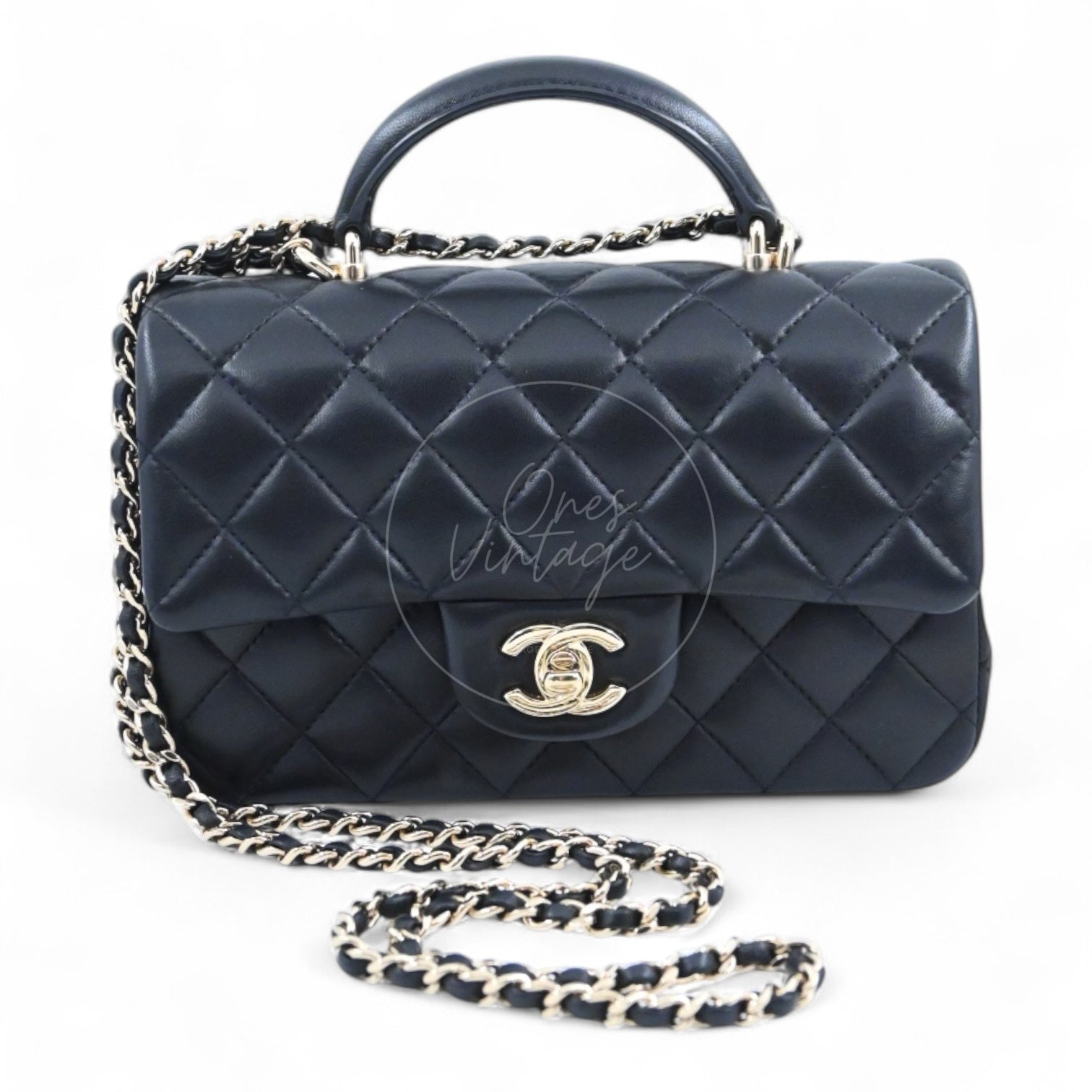 Chanel Lambskin Mini Rectangular Flap Bag With Top Handle GHW Black GH Series