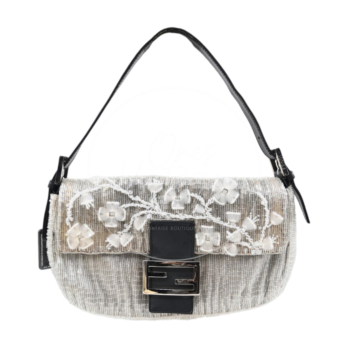 Fendi Floral Sequin Beaded Shoulder Baguette Bag SHW Sliver