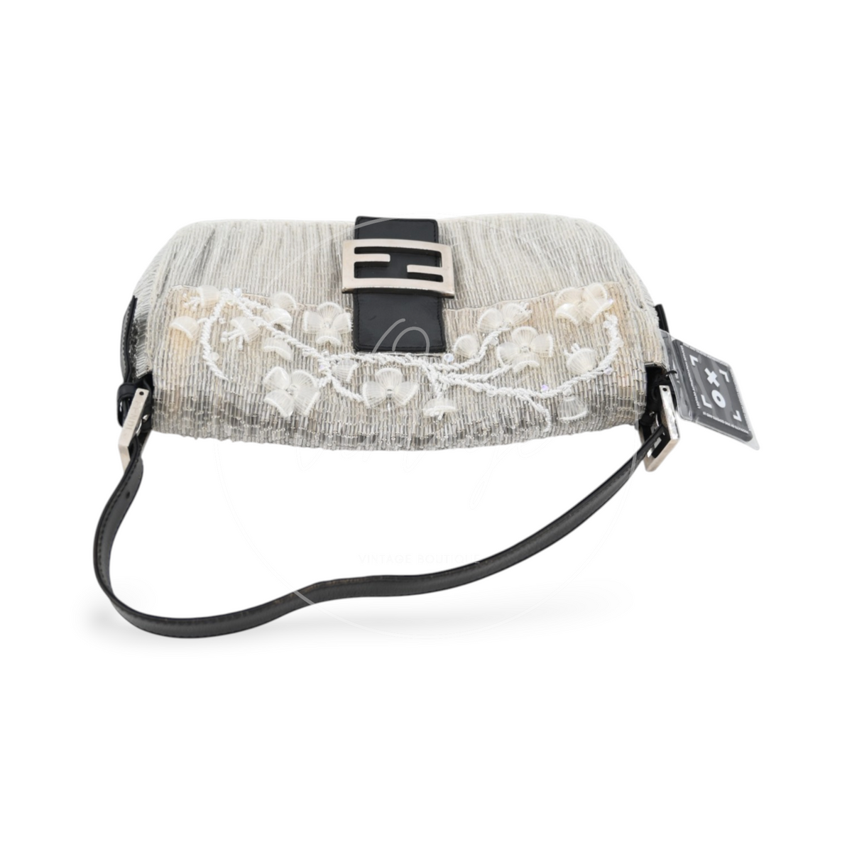 Fendi Floral Sequin Beaded Shoulder Baguette Bag SHW Sliver