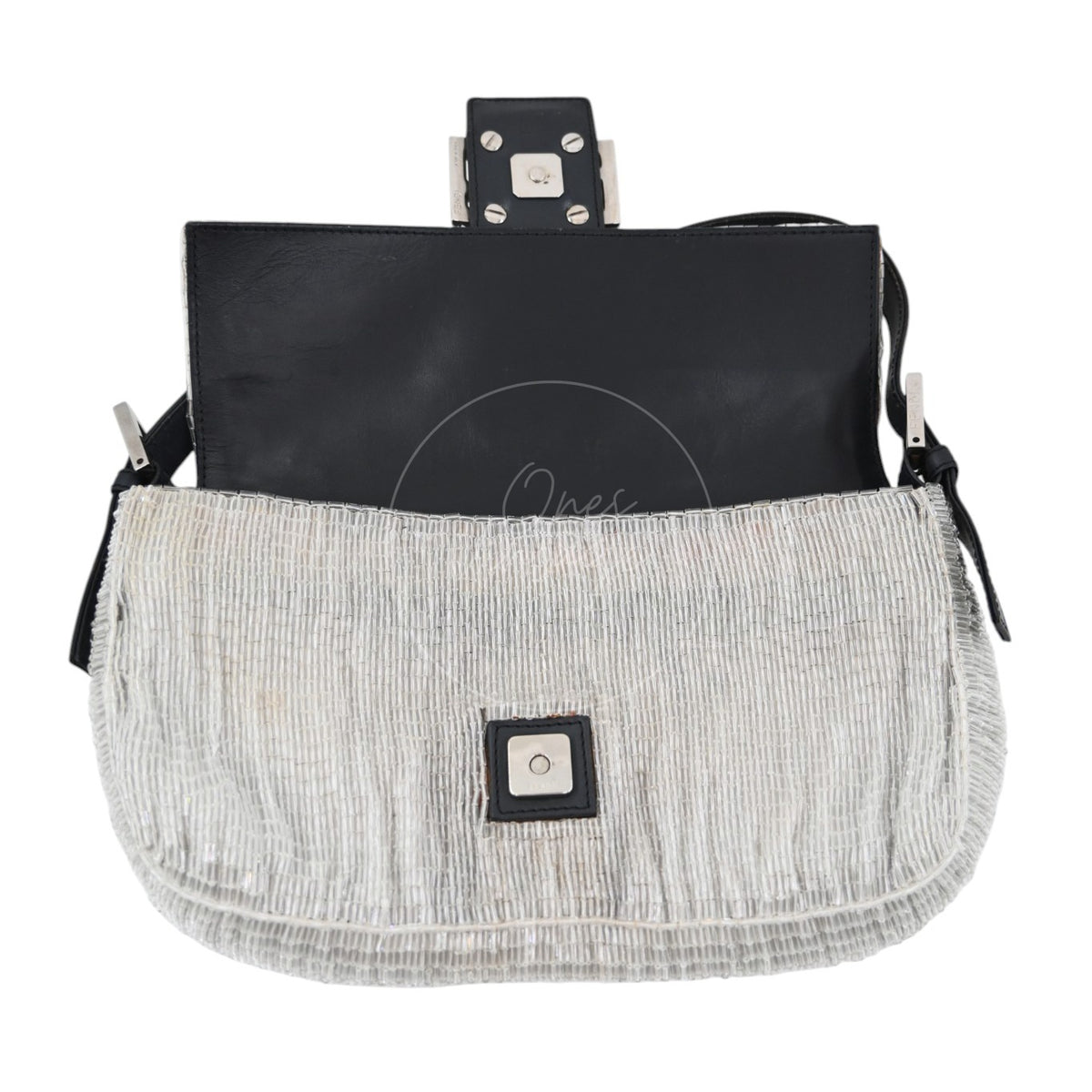 Fendi Floral Sequin Beaded Shoulder Baguette Bag SHW Sliver