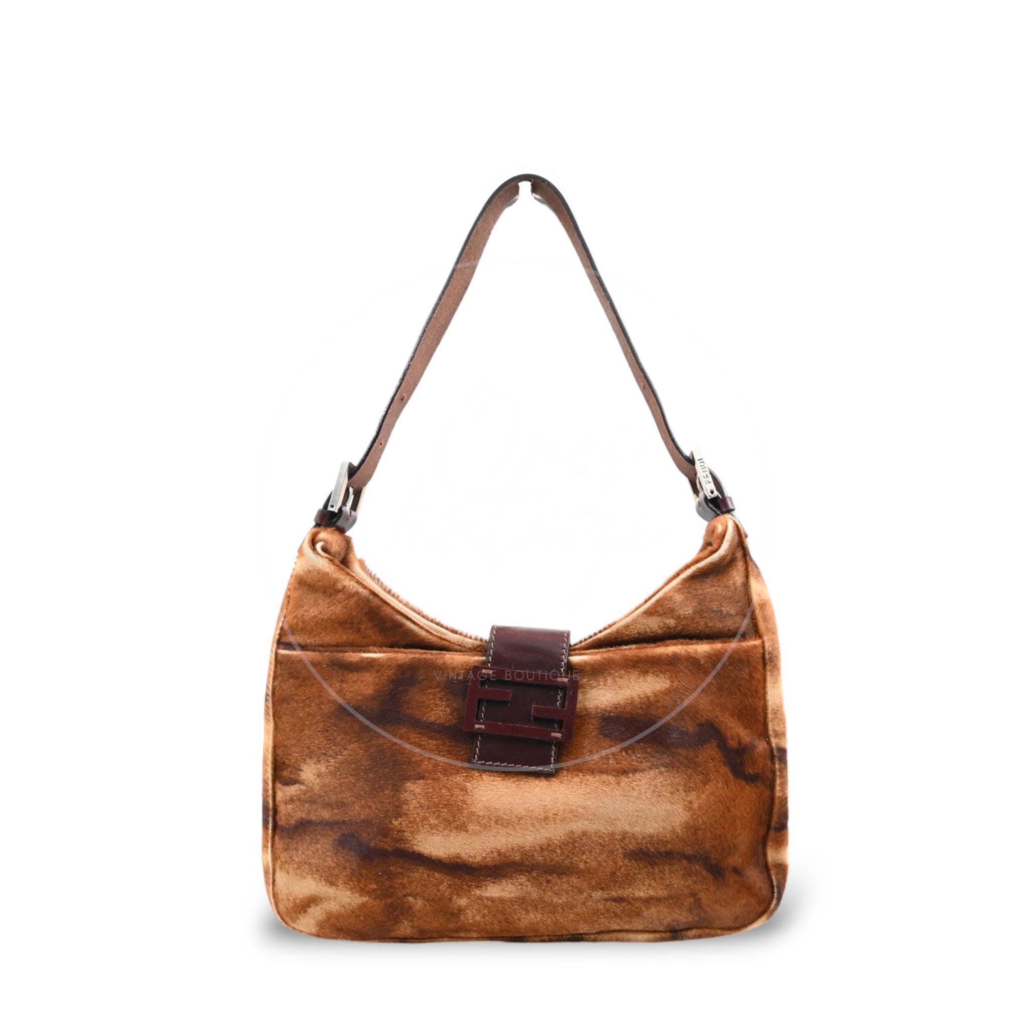 Fendi Brown Pony Hair Shoulder Bag PHW Brown Black
