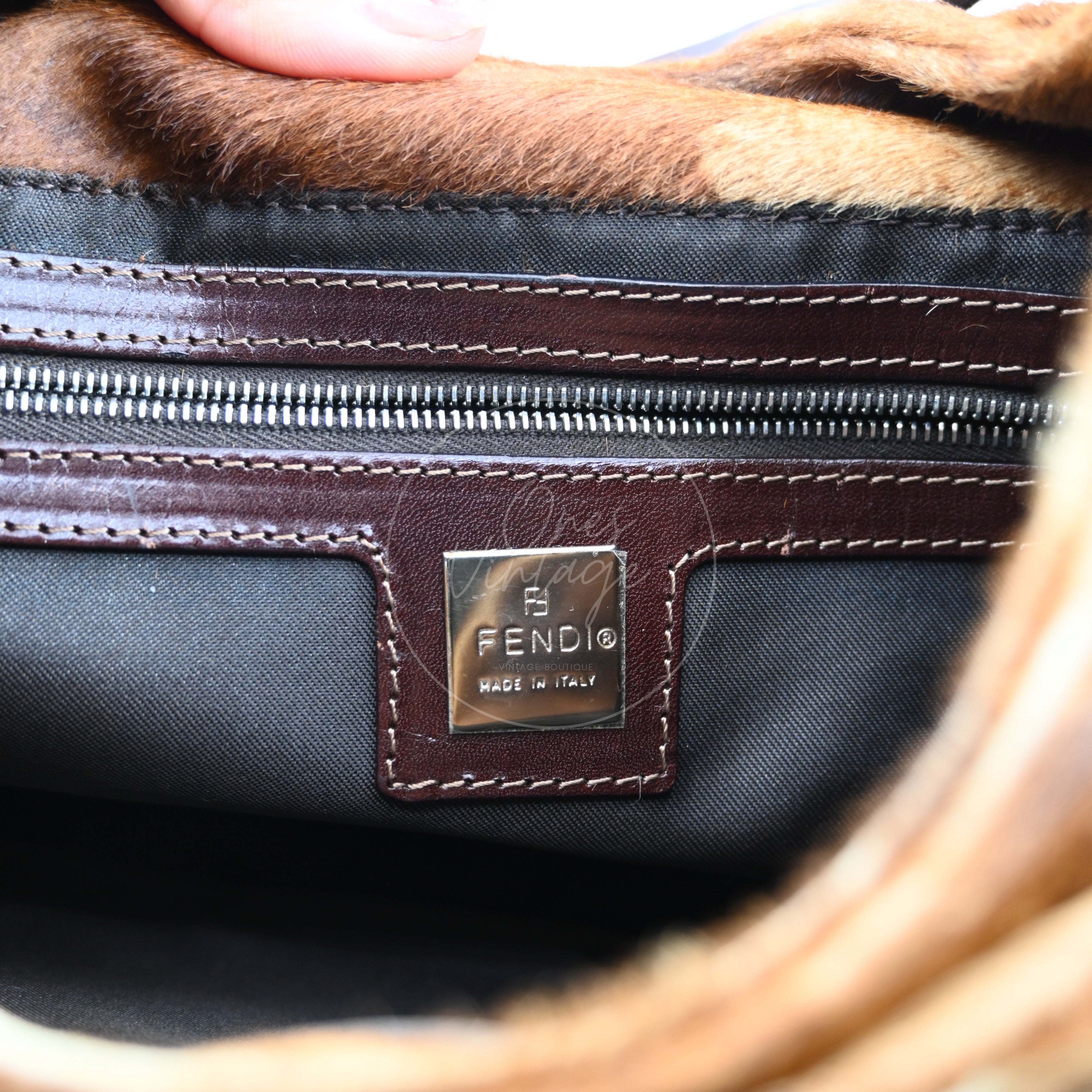 Fendi Brown Pony Hair Shoulder Bag PHW Brown Black