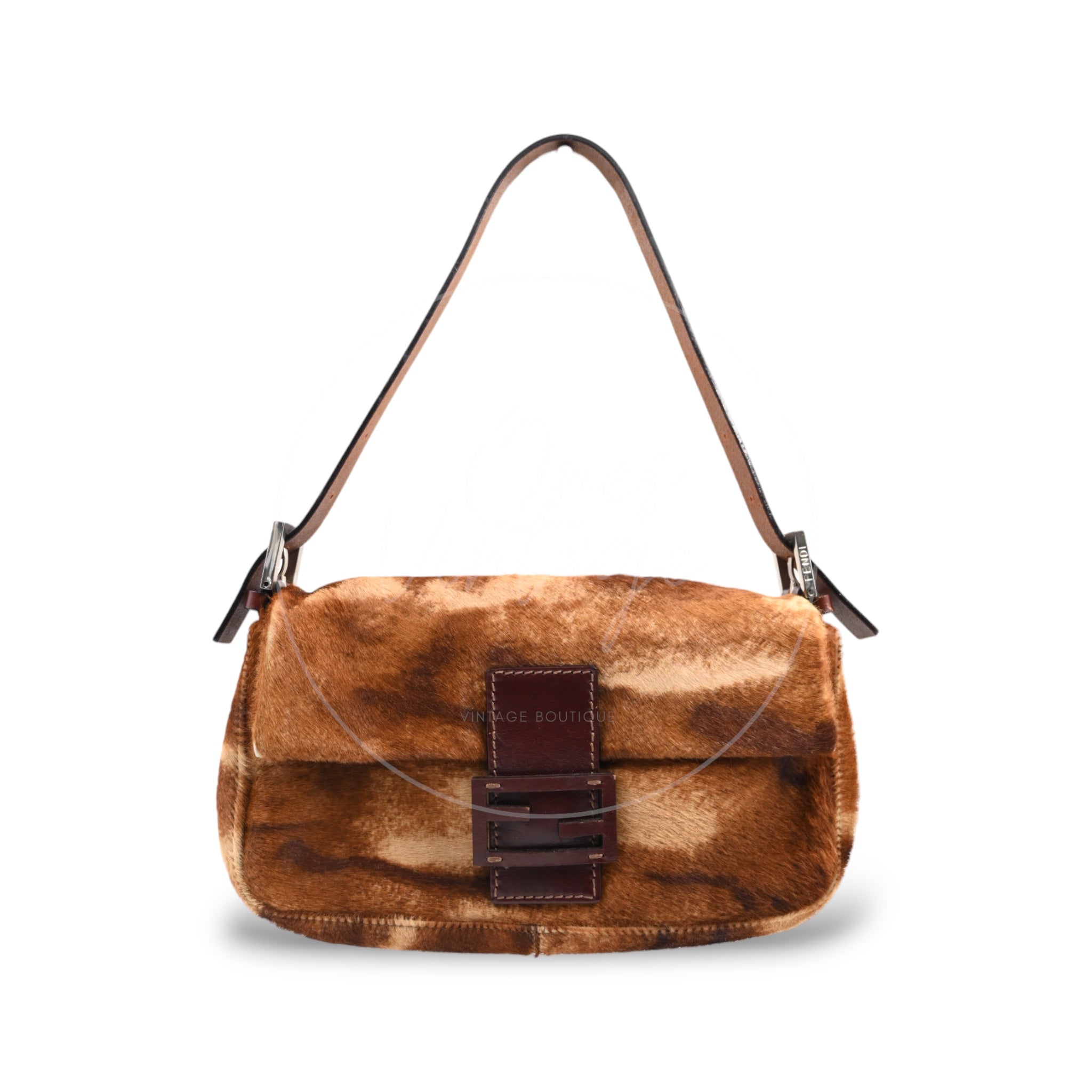 Fendi Brown Mamma Baguette Harako Leather Shoulder Bag PHW Brown Black